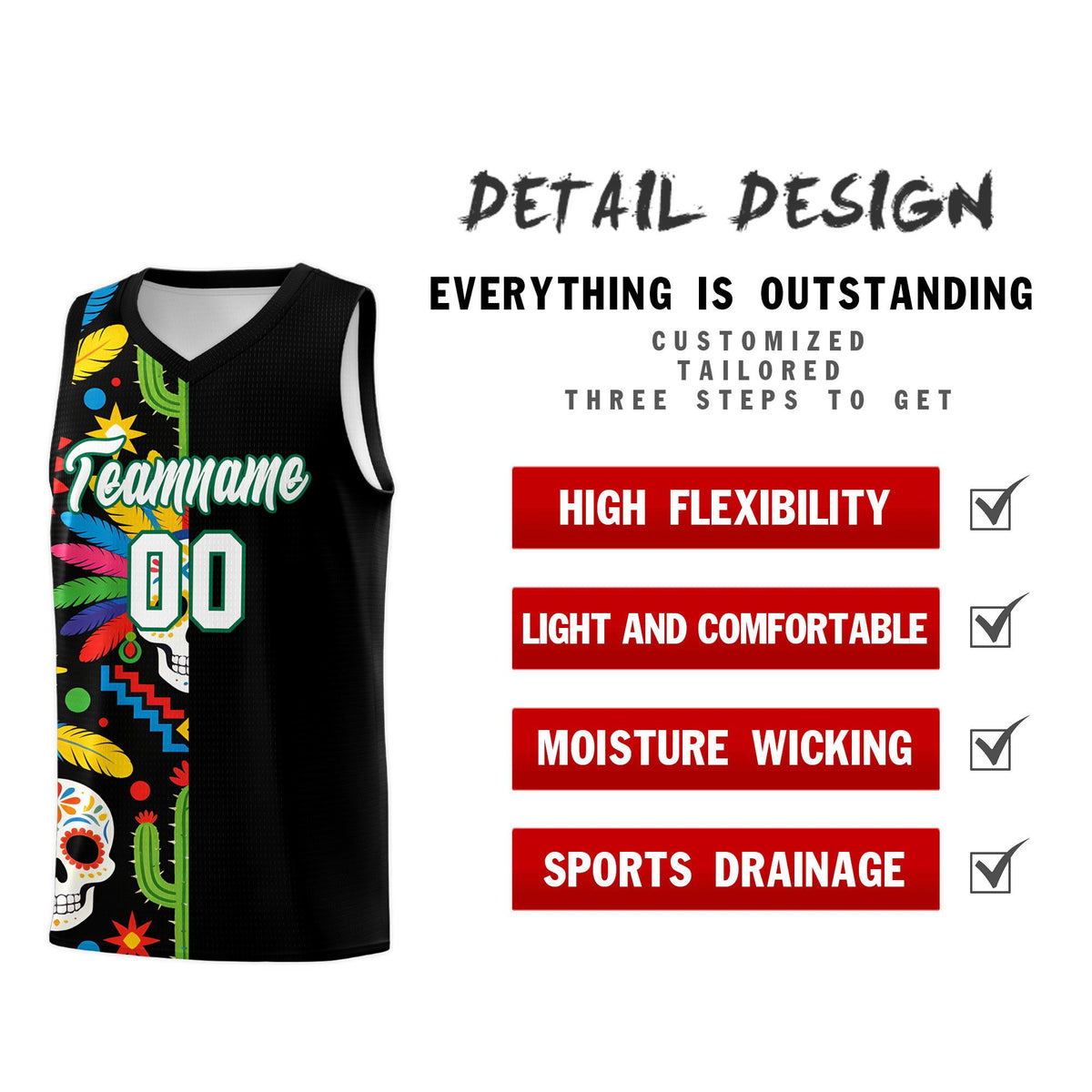 Custom Black Skeleton Mexican Colors Graffiti Patterns Breathable Uniform Basketball Jersey