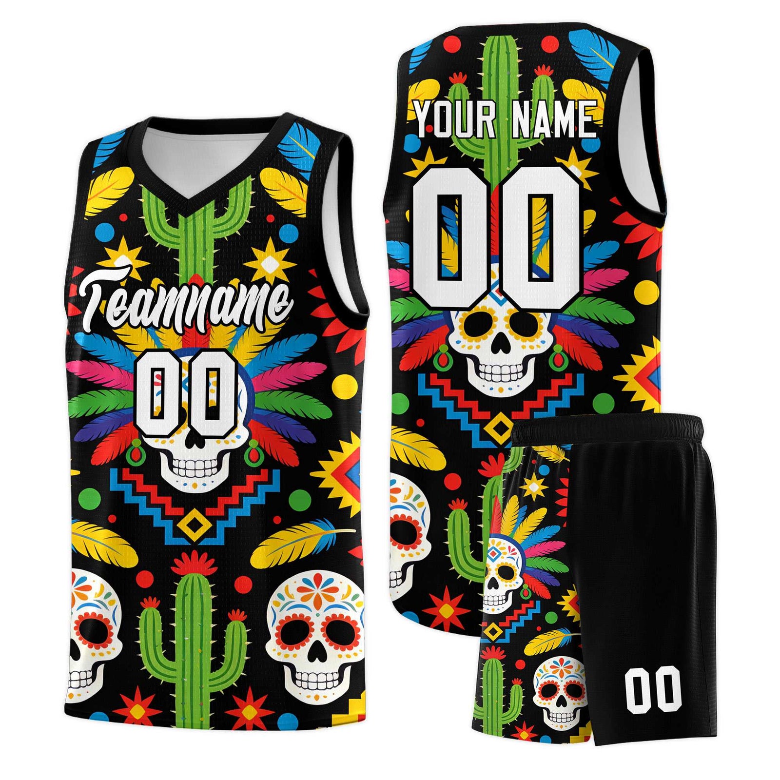 Custom Black Skeleton Mexican Colors Graffiti Patterns Quick-Drying Uniform Basketball Jersey