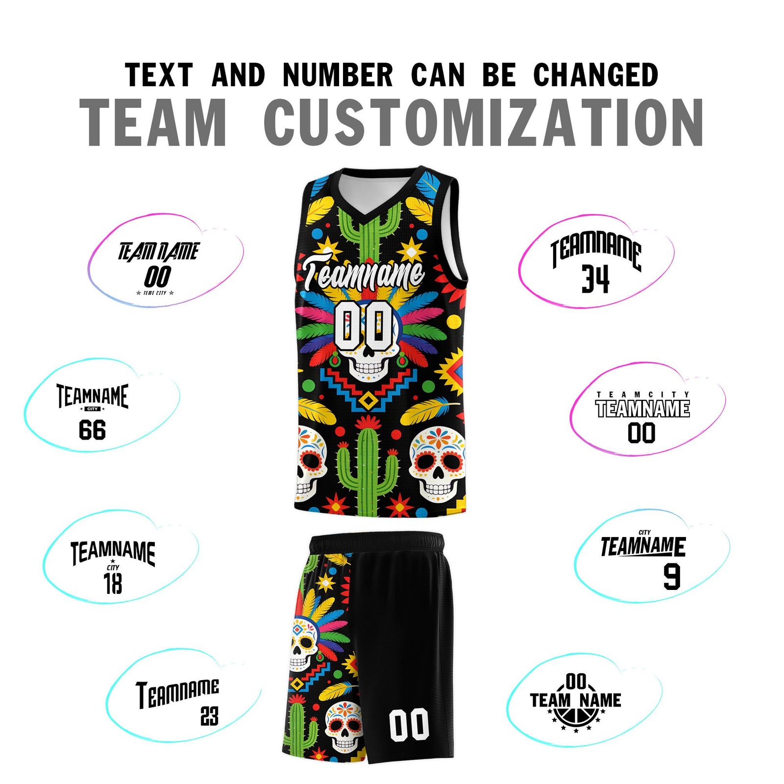 Custom Black Skeleton Mexican Colors Graffiti Patterns Quick-Drying Uniform Basketball Jersey