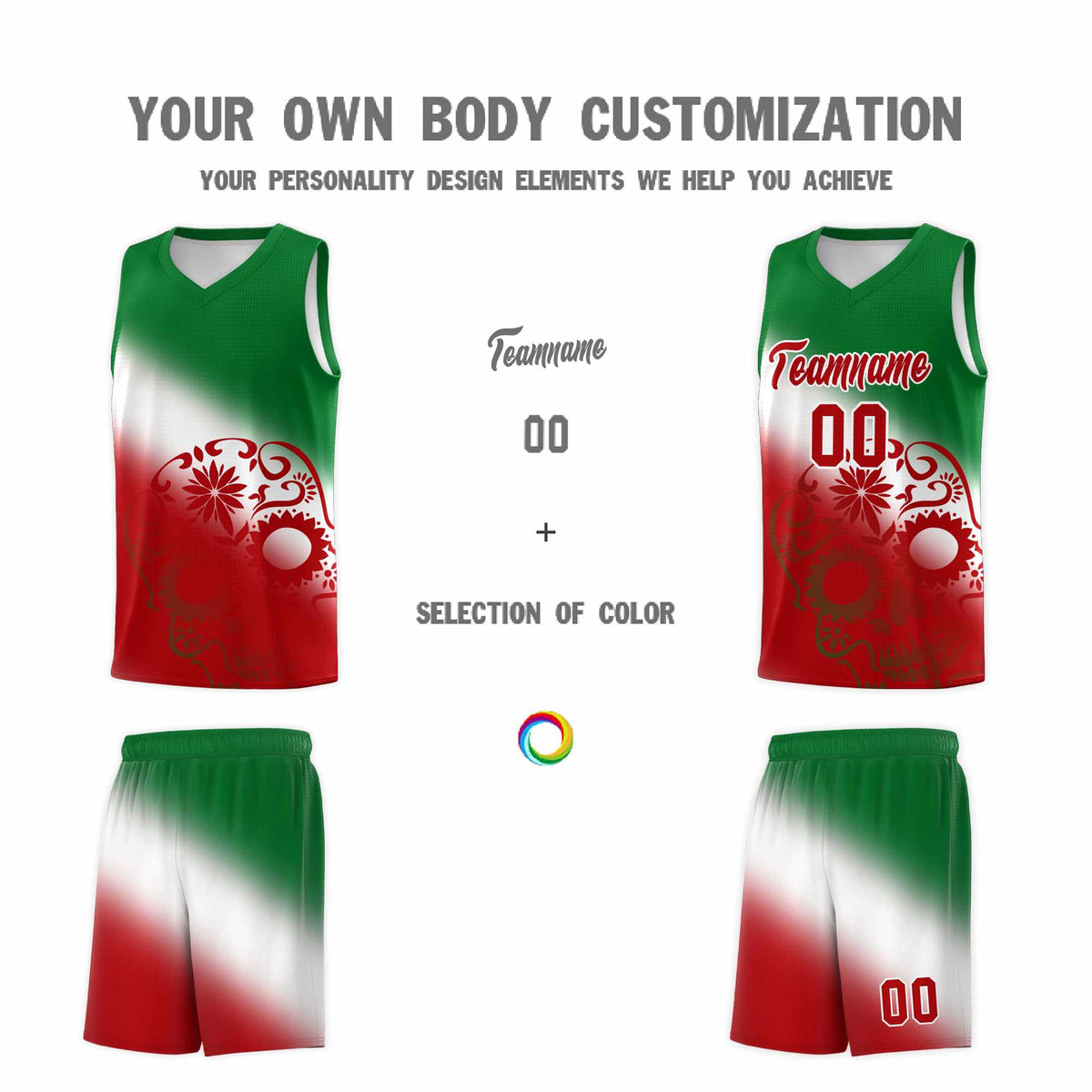 Custom White Kelly Green Red Mexican Colors Graffiti Patterns Lightweight Uniform Basketball Jersey