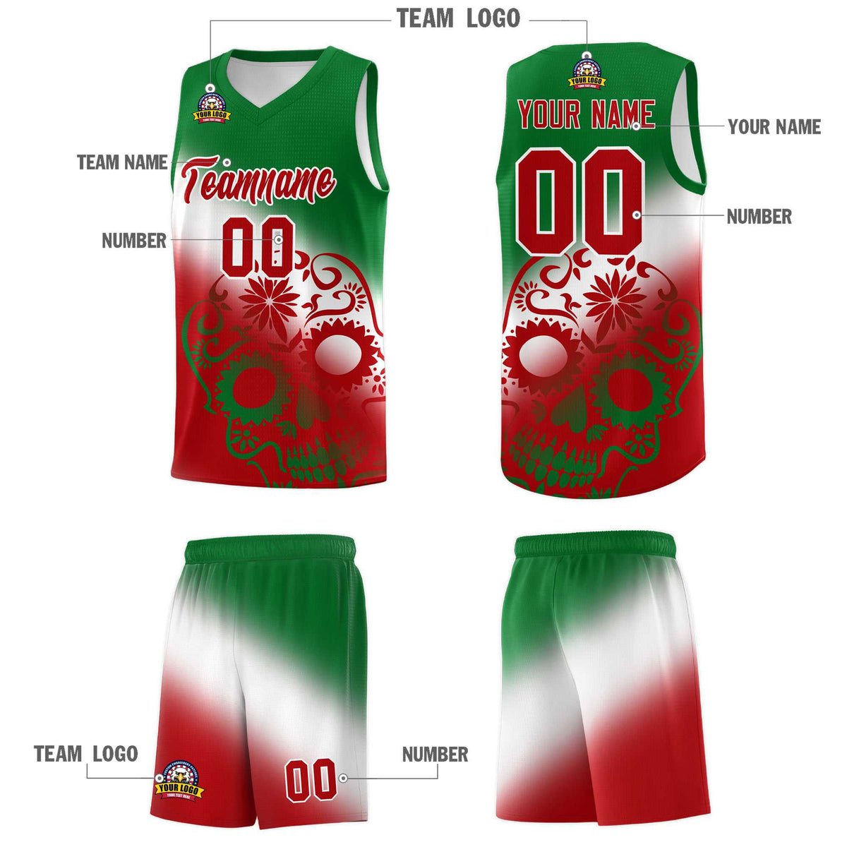 Custom White Kelly Green Red Mexican Colors Graffiti Patterns Lightweight Uniform Basketball Jersey