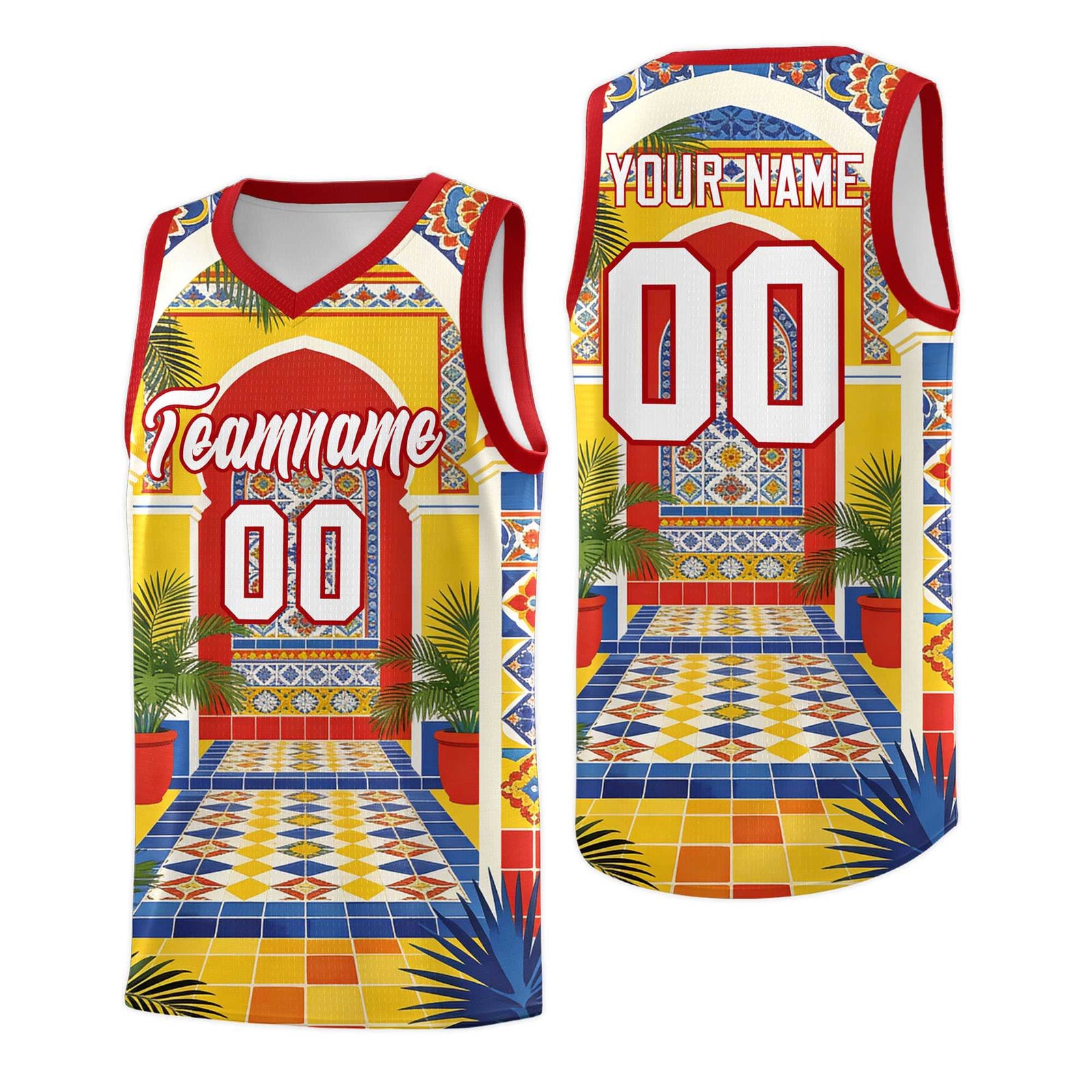 Custom Palace pattern Red Mexican Colors Graffiti Patterns Sublimation Printing Uniform Basketball Jersey