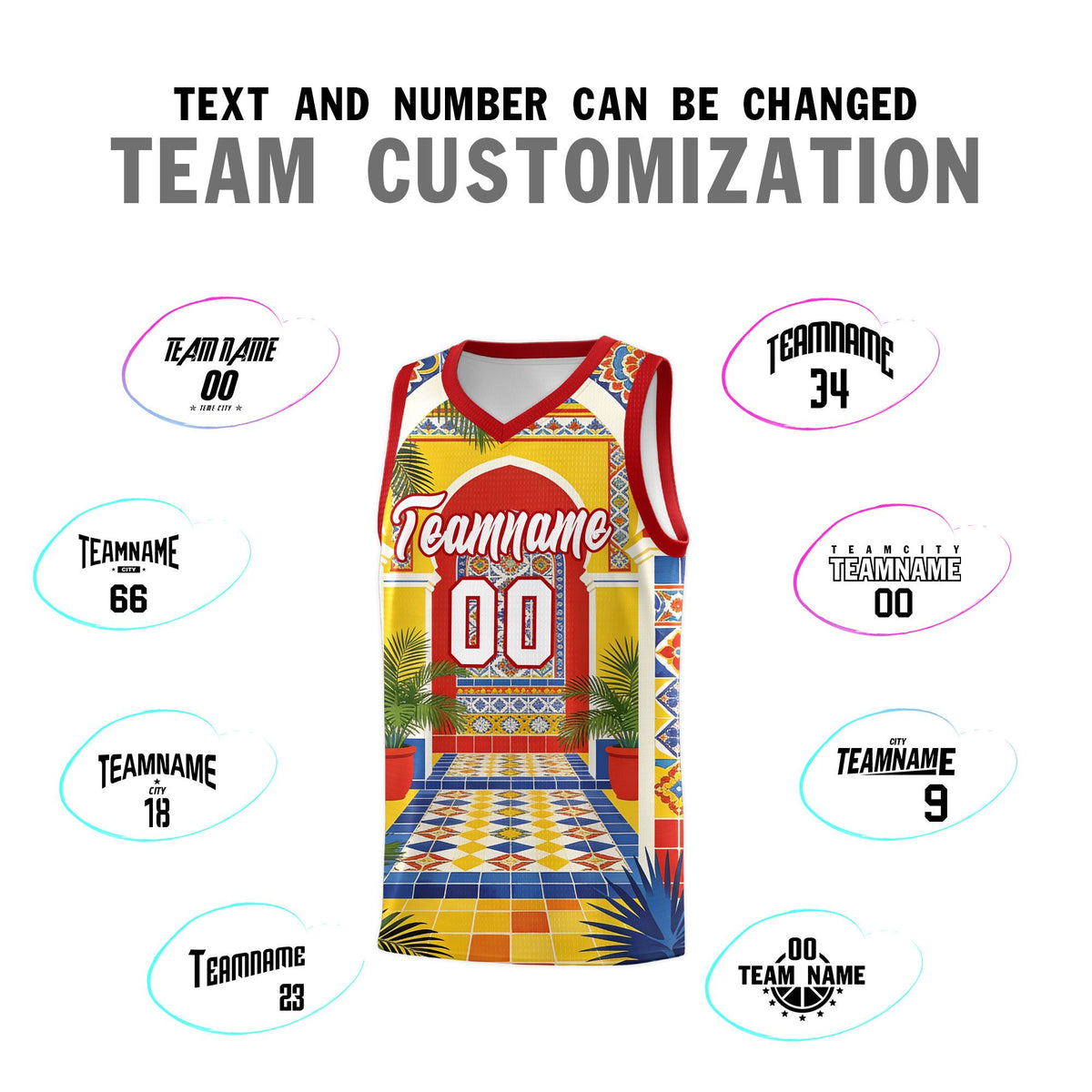 Custom Palace pattern Red Mexican Colors Graffiti Patterns Sublimation Printing Uniform Basketball Jersey
