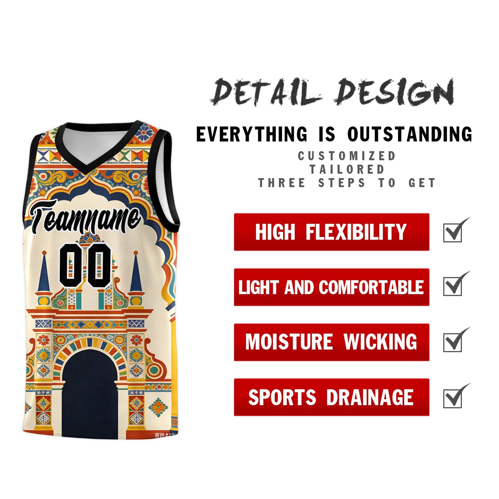 Custom Palace pattern Black Mexican Colors Graffiti Patterns Breathable Uniform Basketball Jersey