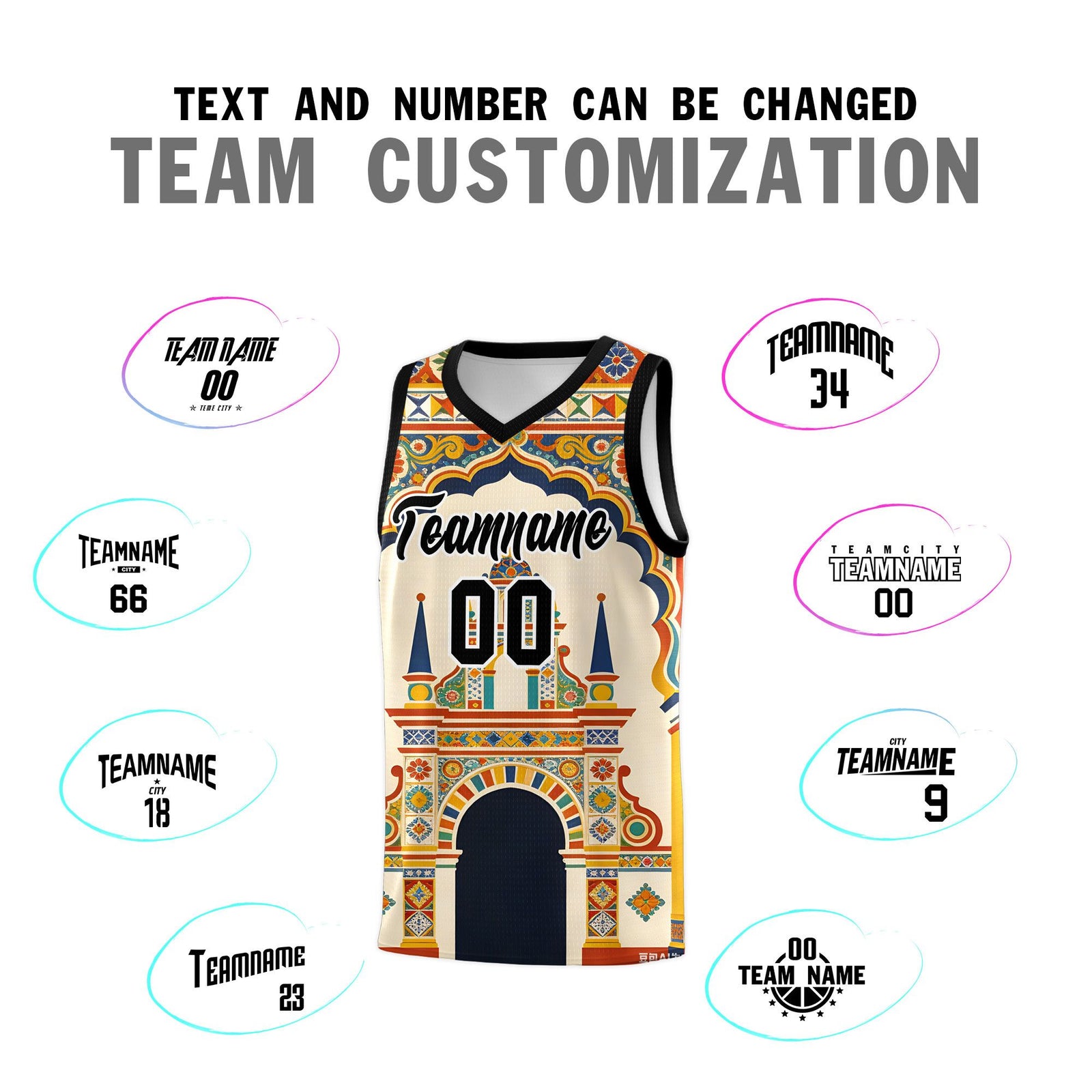 Custom Palace pattern Black Mexican Colors Graffiti Patterns Breathable Uniform Basketball Jersey
