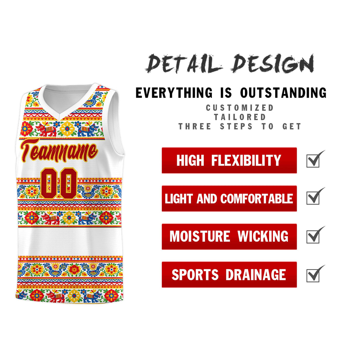 Custom White Colorfulflower pattern Mexican Colors Graffiti Patterns Quick-Drying Uniform Basketball Jersey