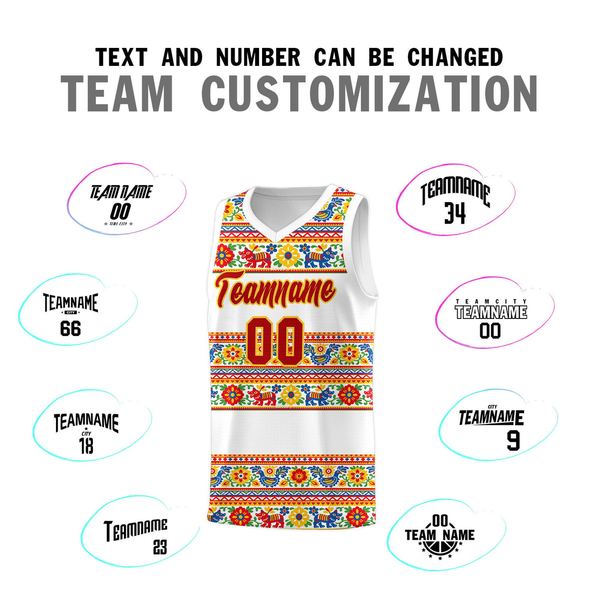 Custom White Colorfulflower pattern Mexican Colors Graffiti Patterns Quick-Drying Uniform Basketball Jersey