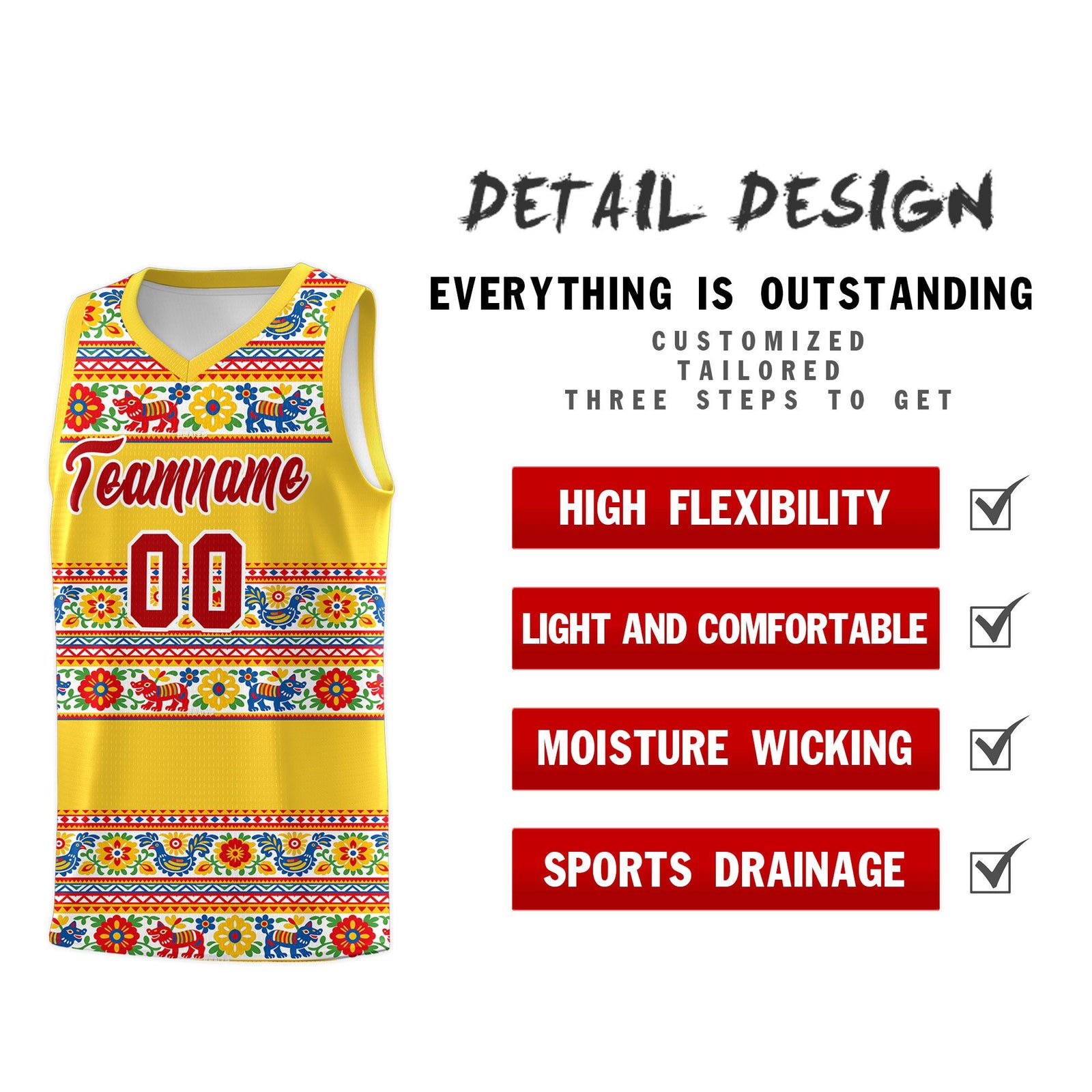 Custom Gold Colorfulflower pattern Mexican Colors Graffiti Patterns Lightweight Uniform Basketball Jersey