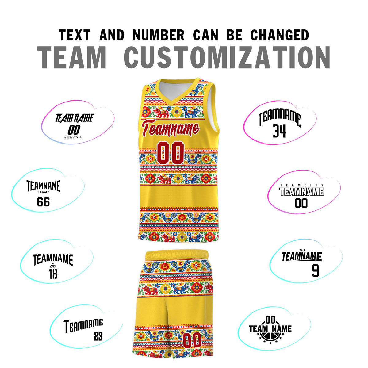 Custom Gold Colorfulflower pattern Mexican Colors Graffiti Patterns Lightweight Uniform Basketball Jersey