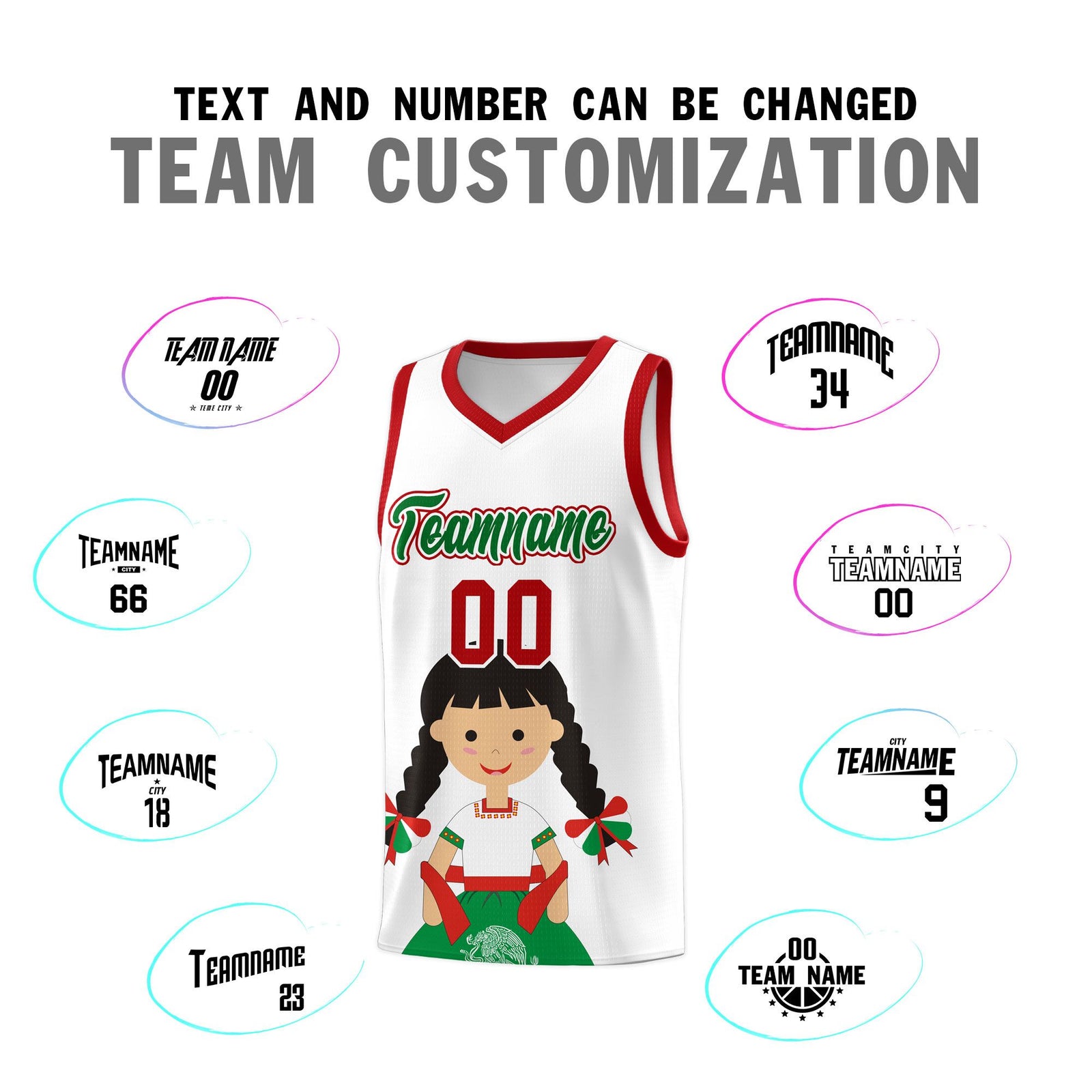 Custom White Red Mexican Colors Graffiti Patterns Sublimation Printing Uniform Basketball Jersey