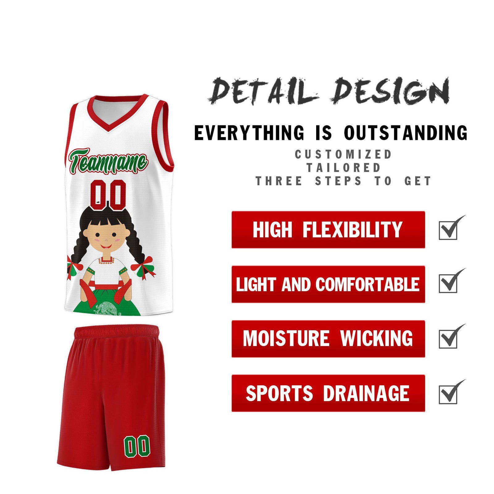 Custom White Red Mexican Colors Graffiti Patterns Sublimation Printing Uniform Basketball Jersey