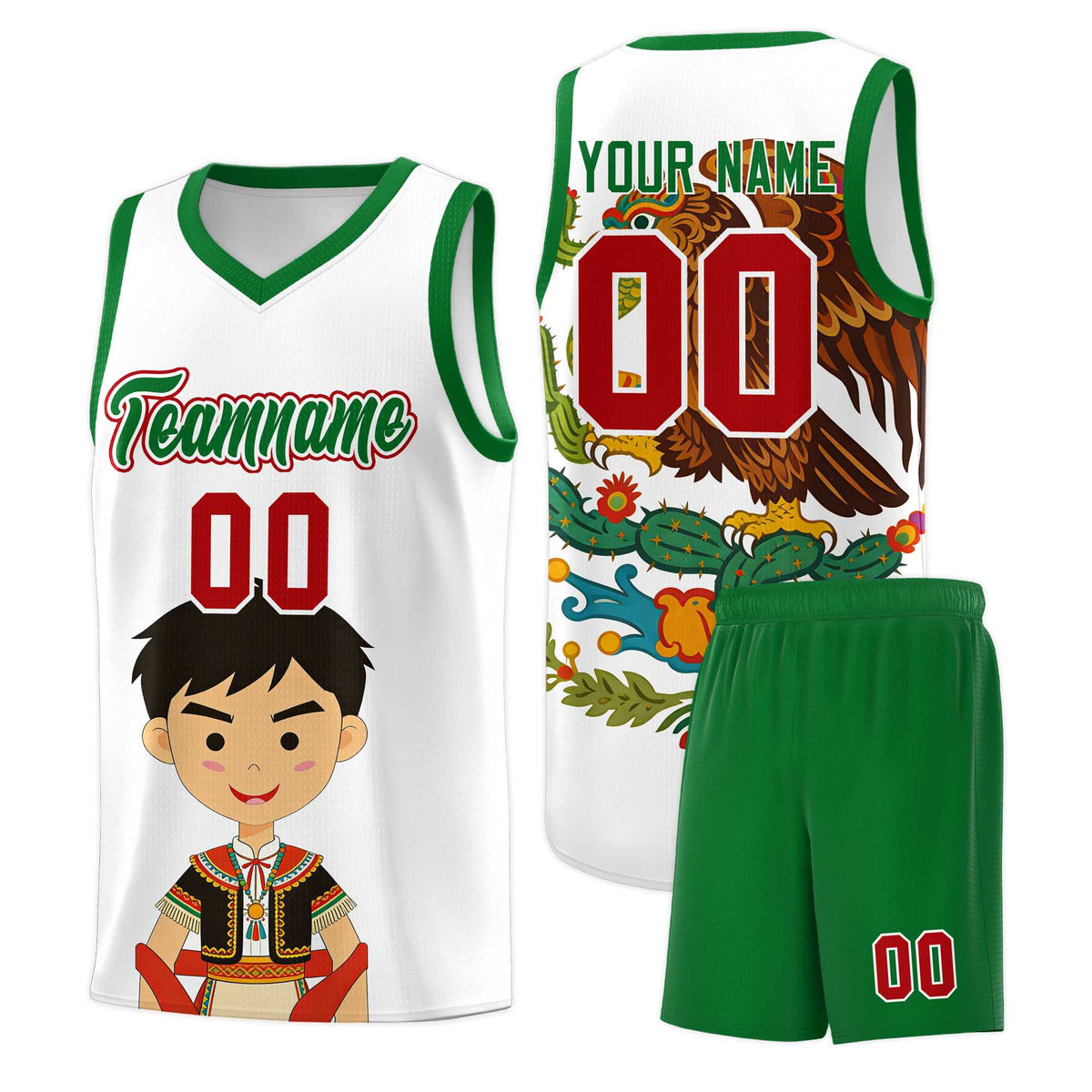 Custom White Kelly Green Mexican Colors Graffiti Patterns Breathable Uniform Basketball Jersey