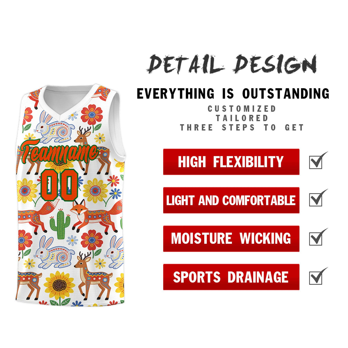 Custom White Chrysanthemum OrangeMexican Colors Graffiti Patterns Quick-Drying Uniform Basketball Jersey