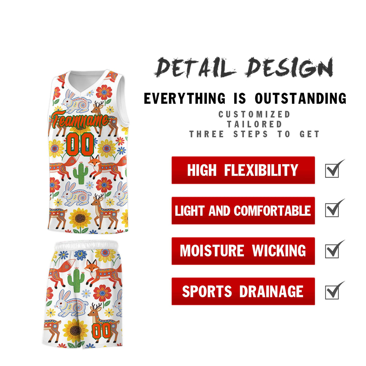 Custom White Chrysanthemum OrangeMexican Colors Graffiti Patterns Quick-Drying Uniform Basketball Jersey