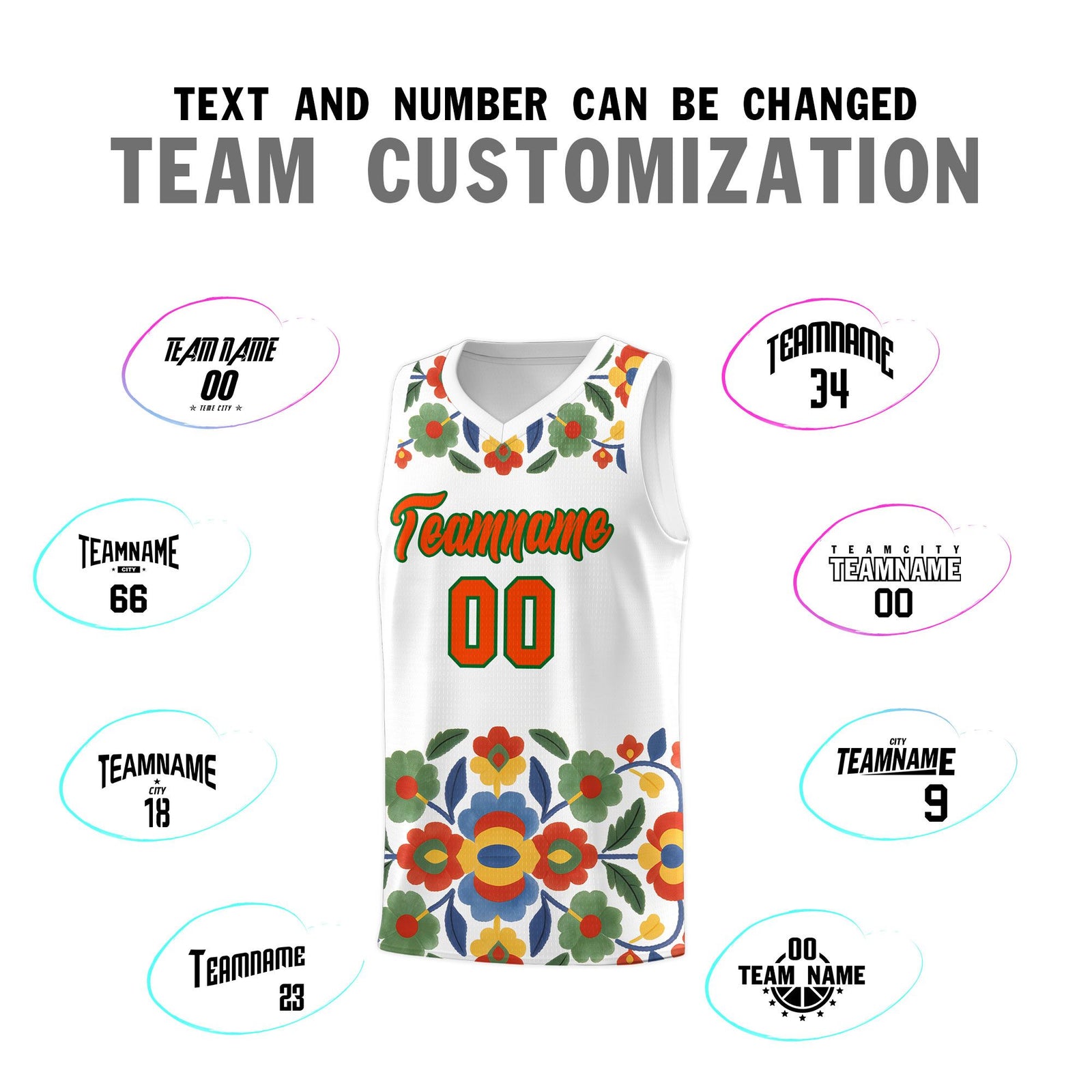 Custom White Orange Mexican Colors Graffiti Patterns Lightweight Uniform Basketball Jersey