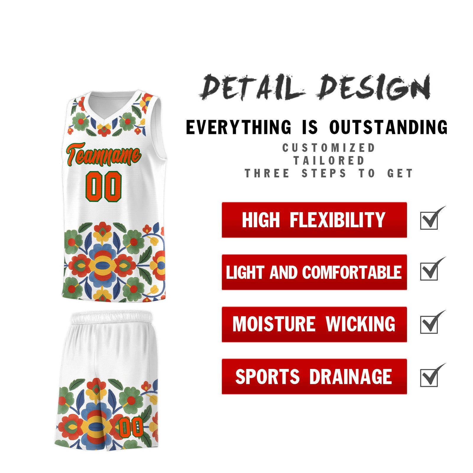Custom White Orange Mexican Colors Graffiti Patterns Lightweight Uniform Basketball Jersey