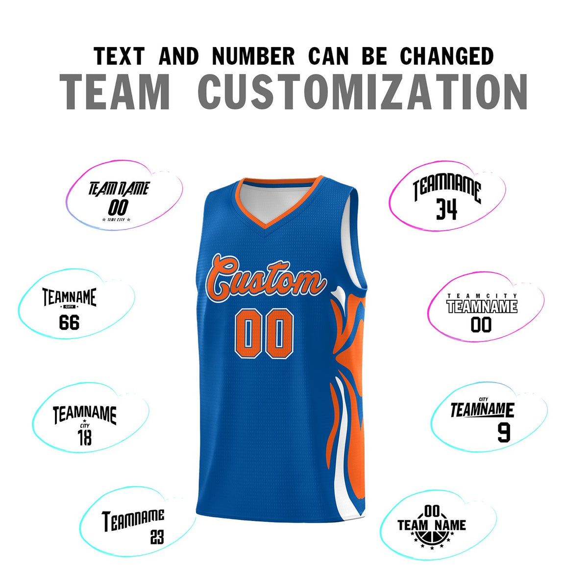 Custom Royal Orange-White Graffiti Pattern Side Curve Pattern Sports Uniform Basketball Jersey Sets