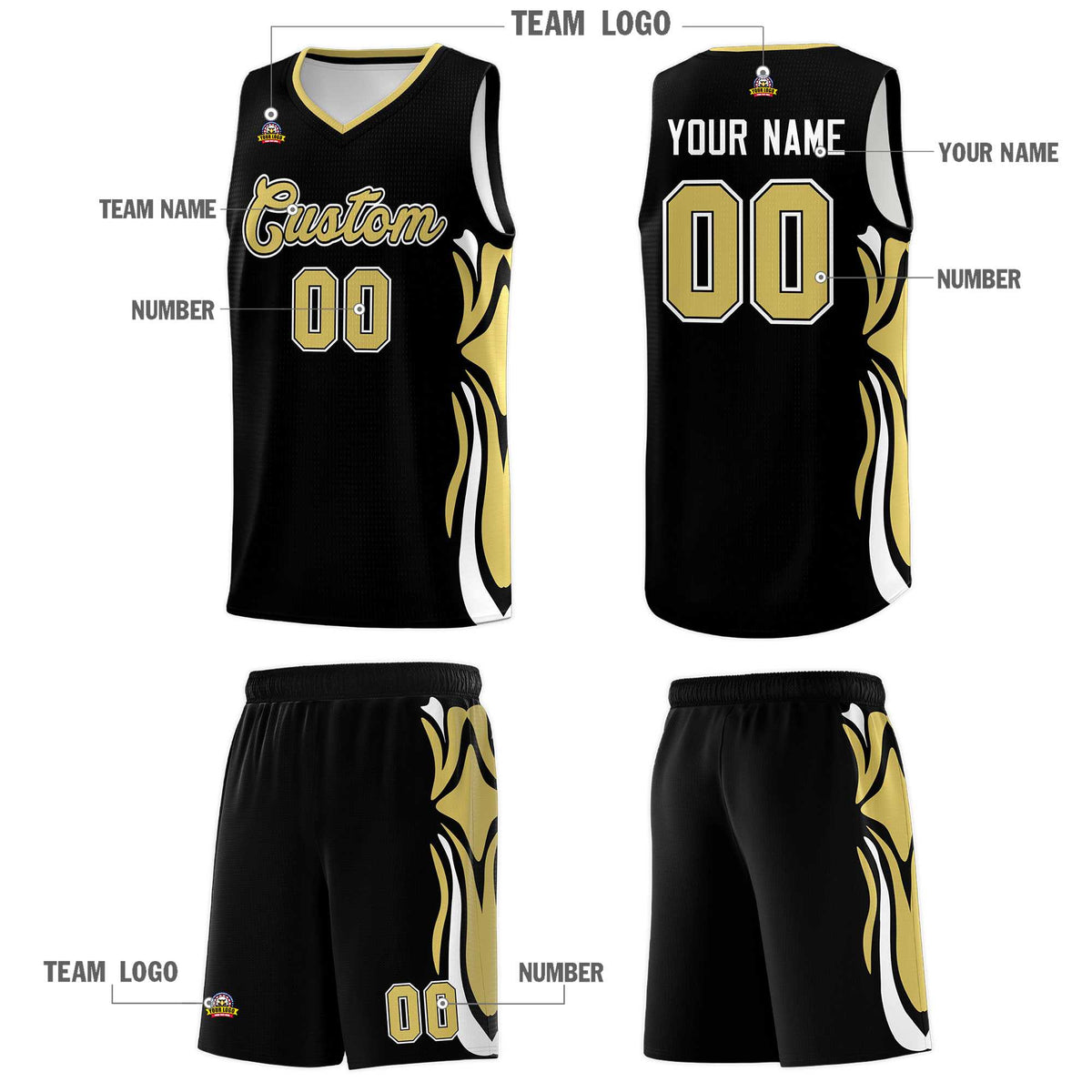 Custom Black Old Gold-White Graffiti Pattern Side Curve Pattern Sports Uniform Basketball Jersey Sets