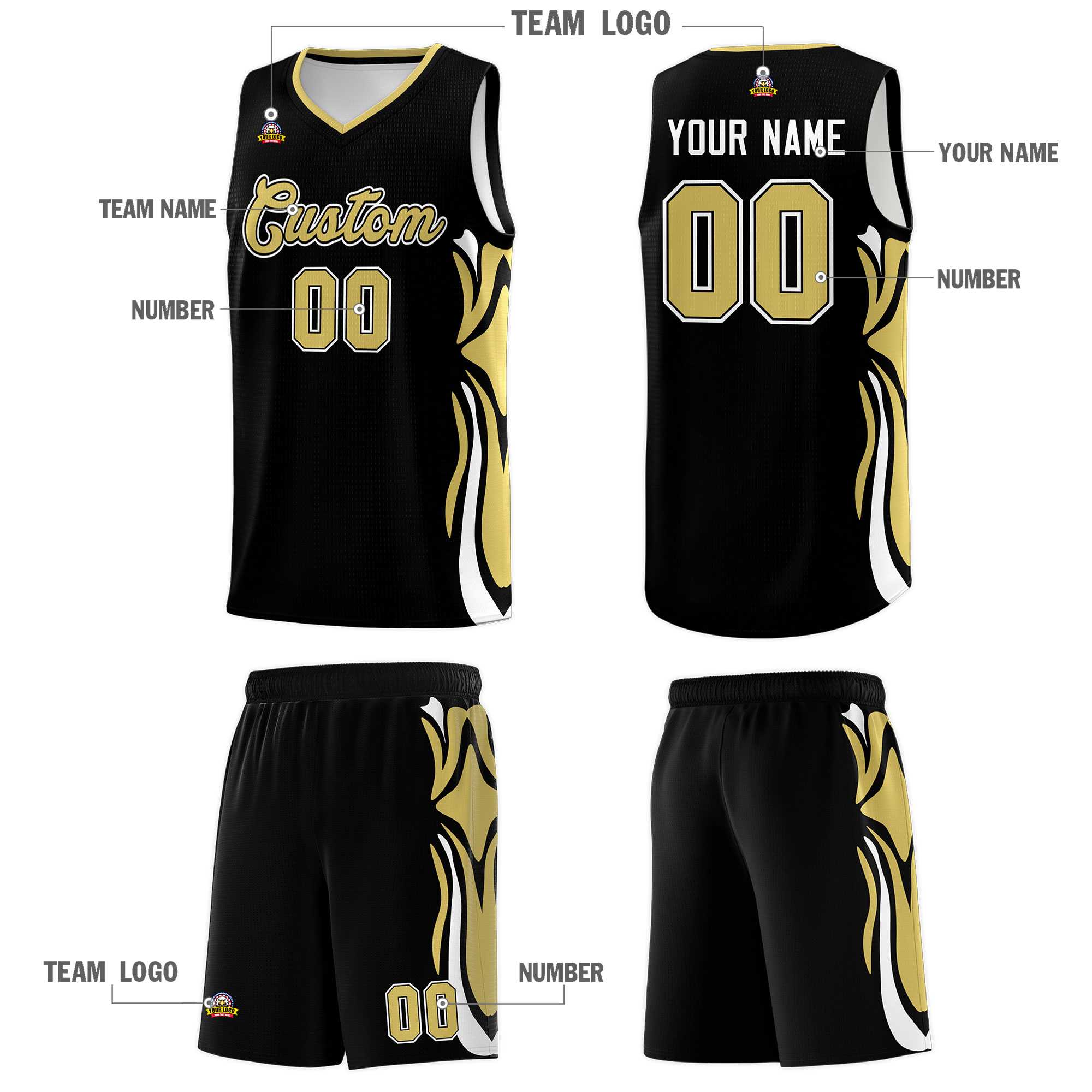 Custom Black Old Gold-White Graffiti Pattern Side Curve Pattern Sports Uniform Basketball Jersey Sets