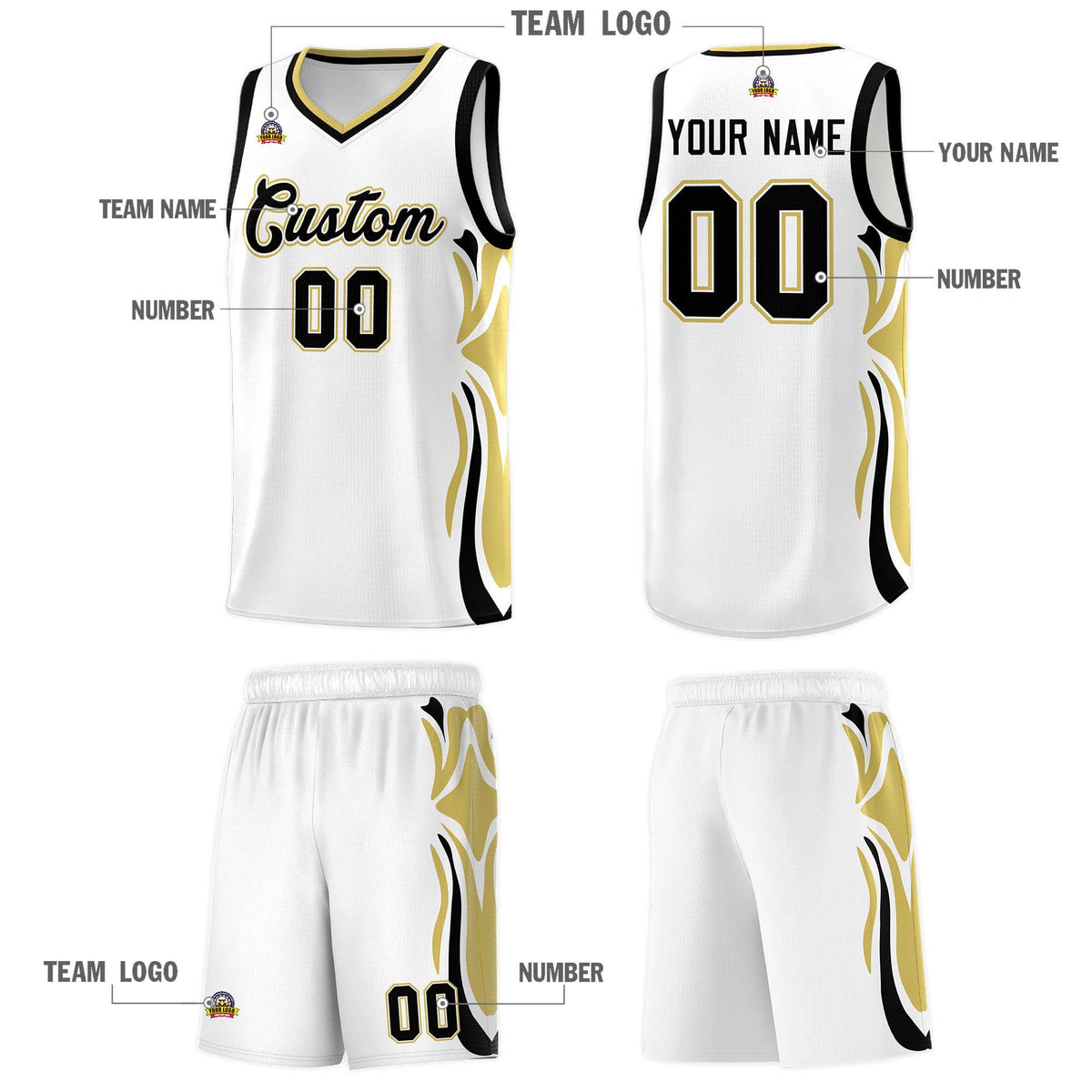 Custom White Black-Old Gold Graffiti Pattern Side Curve Pattern Sports Uniform Basketball Jersey Sets