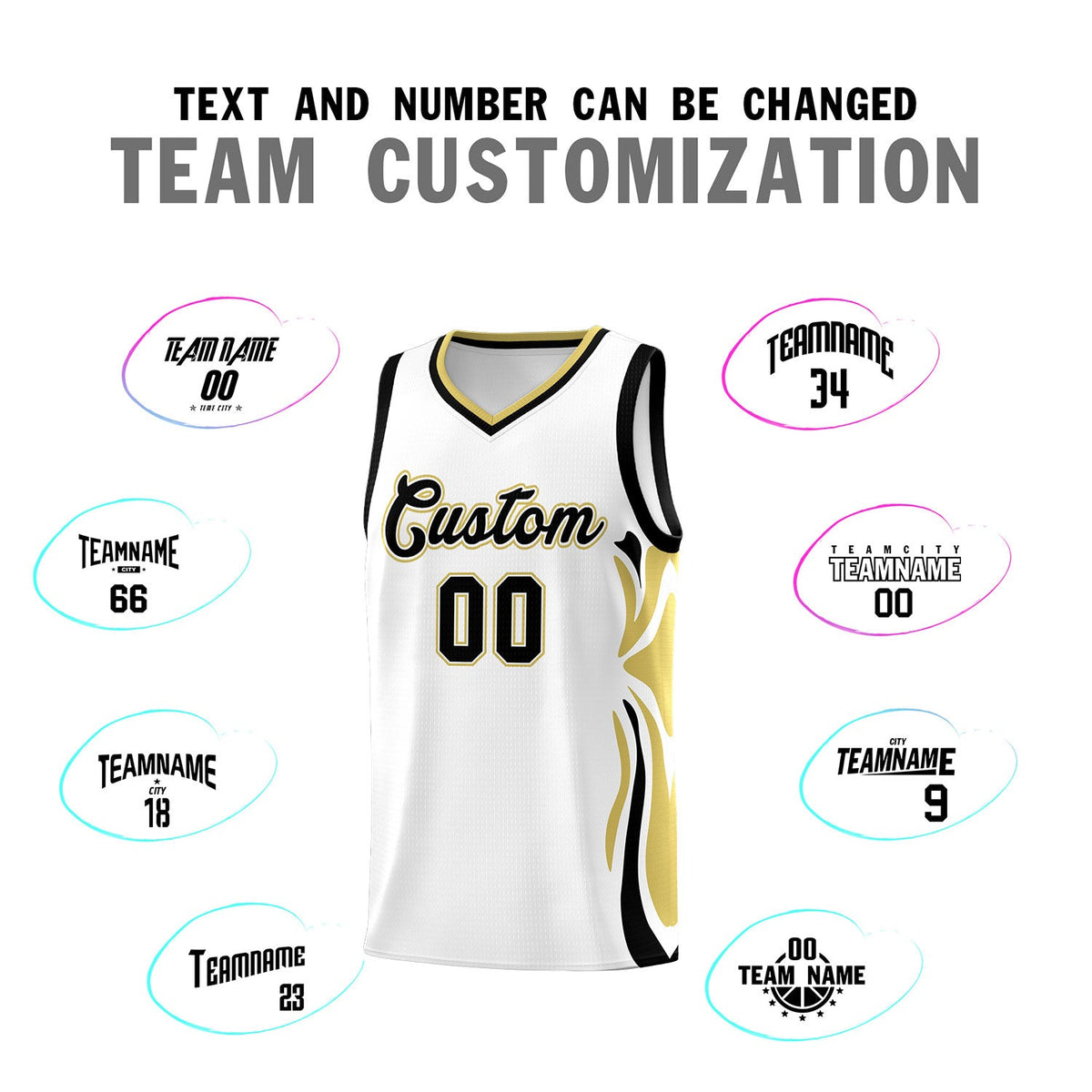 Custom White Black-Old Gold Graffiti Pattern Side Curve Pattern Sports Uniform Basketball Jersey Sets