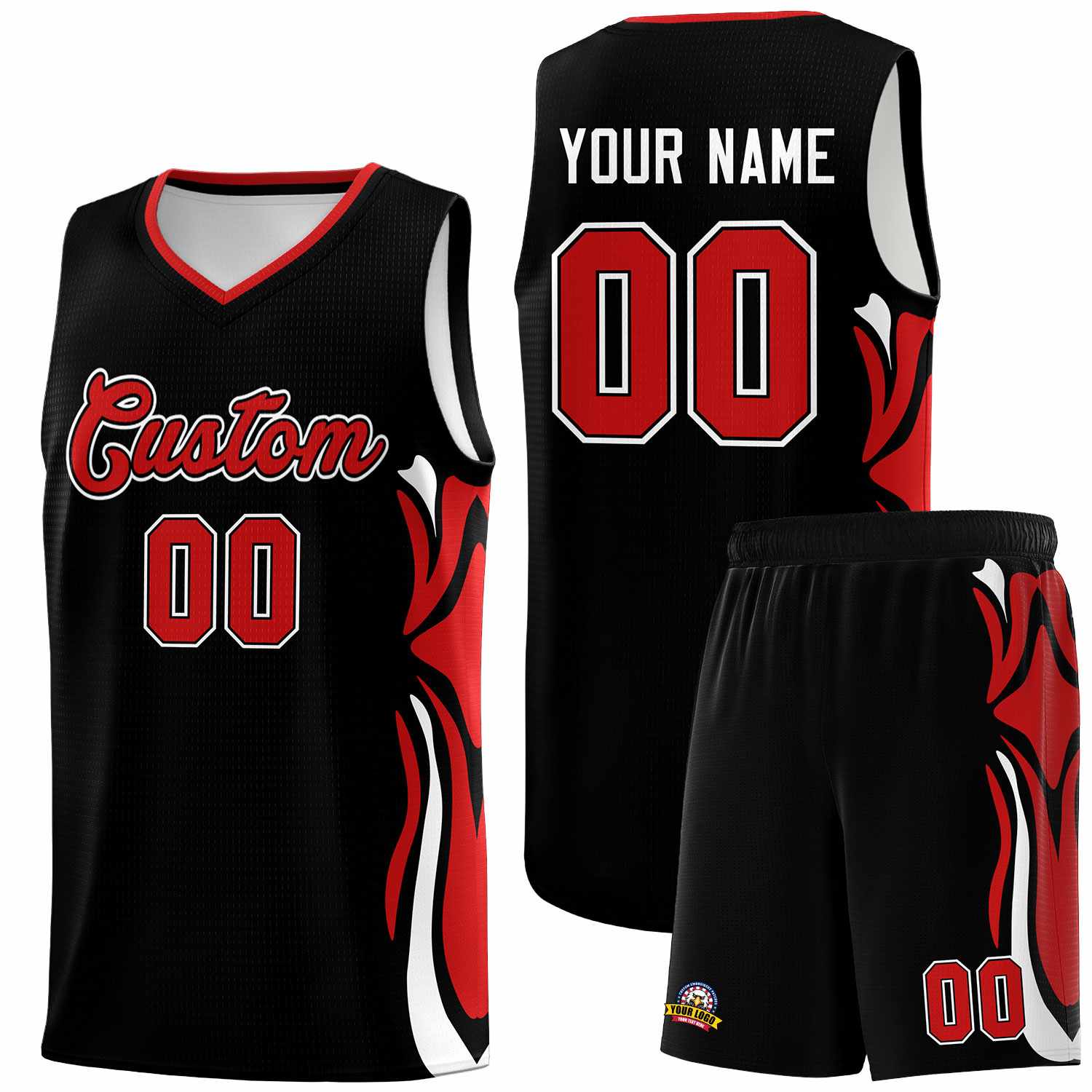 Custom Black Red-White Graffiti Pattern Side Curve Pattern Sports Uniform Basketball Jersey Sets