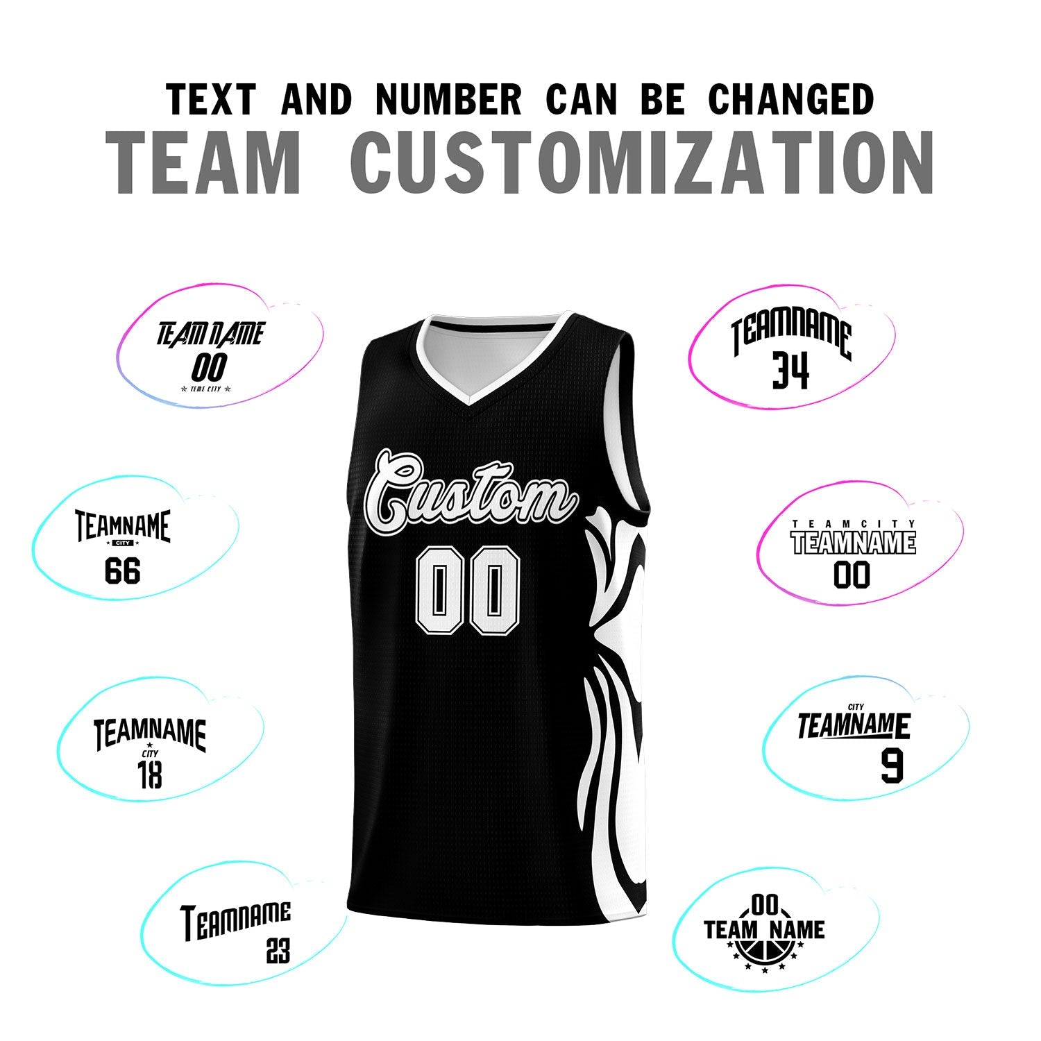 Custom Black White-White Graffiti Pattern Side Curve Pattern Sports Uniform Basketball Jersey Sets