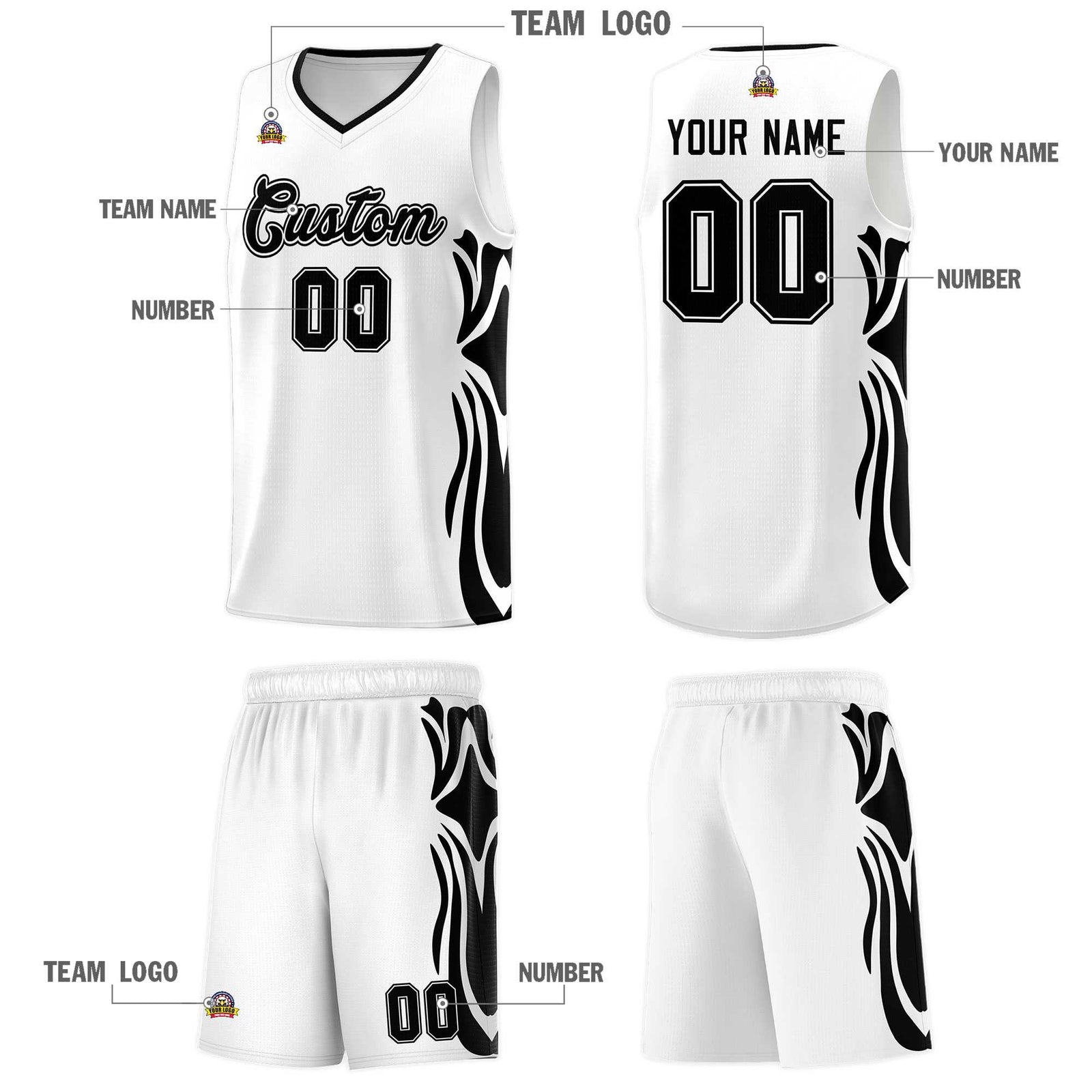 Custom White Black-Black Graffiti Pattern Side Curve Pattern Sports Uniform Basketball Jersey Sets