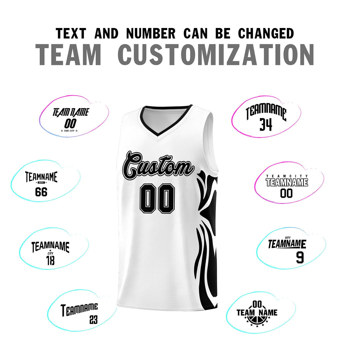 Custom White Black-Black Graffiti Pattern Side Curve Pattern Sports Uniform Basketball Jersey Sets