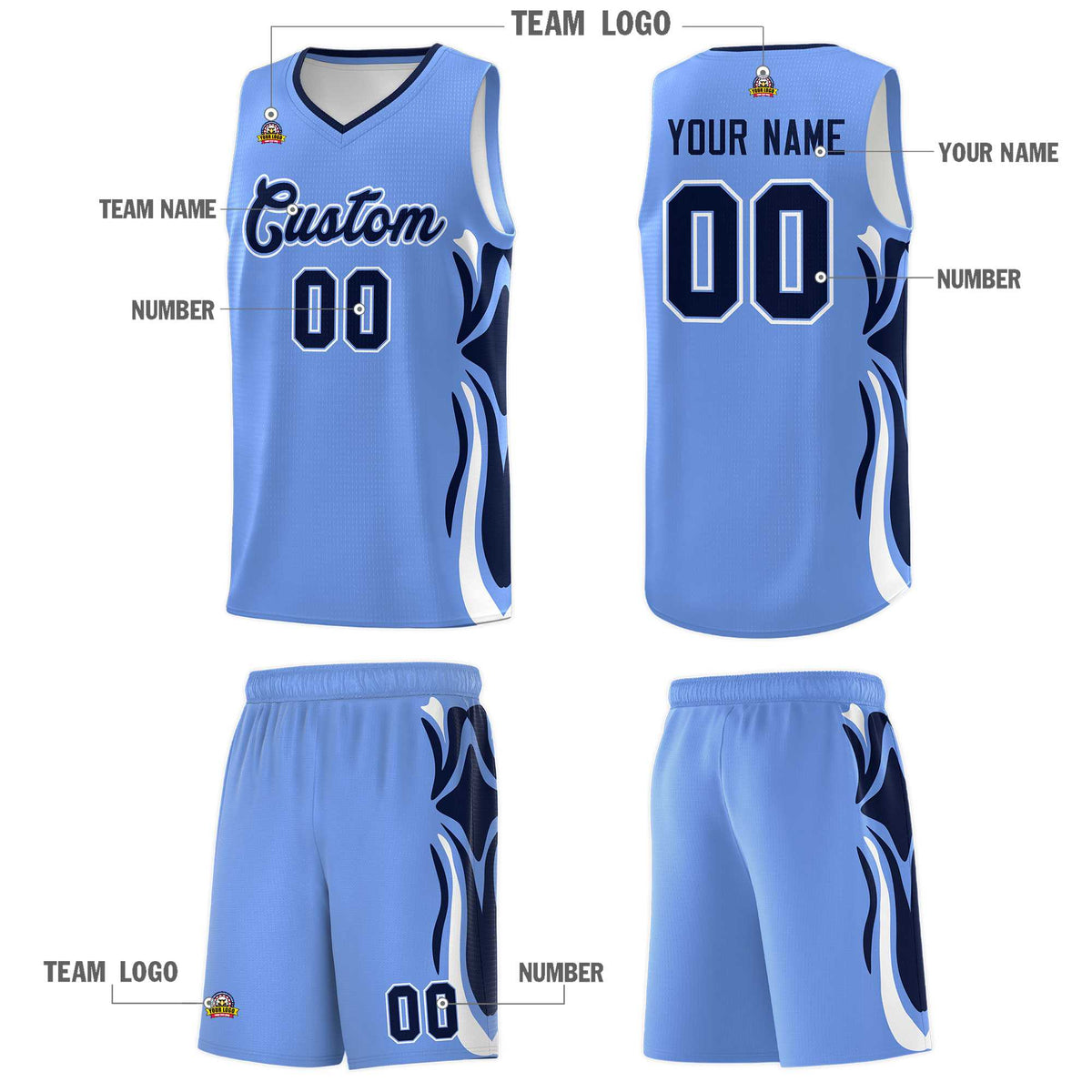 Custom Light Blue Navy-White Graffiti Pattern Side Curve Pattern Sports Uniform Basketball Jersey Sets