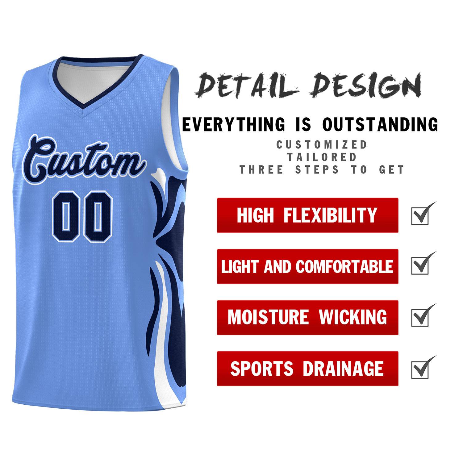 Custom Light Blue Navy-White Graffiti Pattern Side Curve Pattern Sports Uniform Basketball Jersey Sets