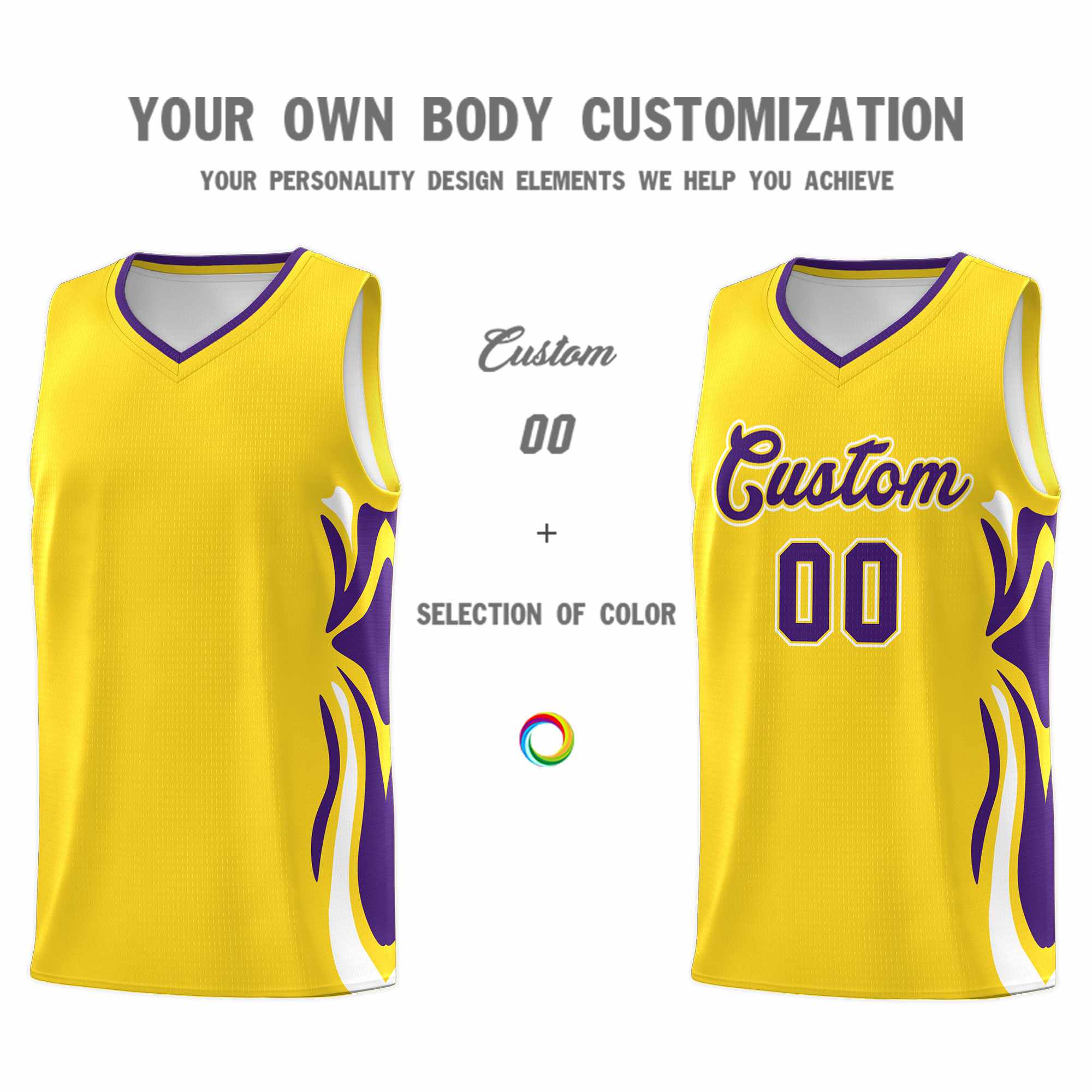 Custom Gold Purple-White Graffiti Pattern Side Curve Pattern Sports Uniform Basketball Jersey Sets