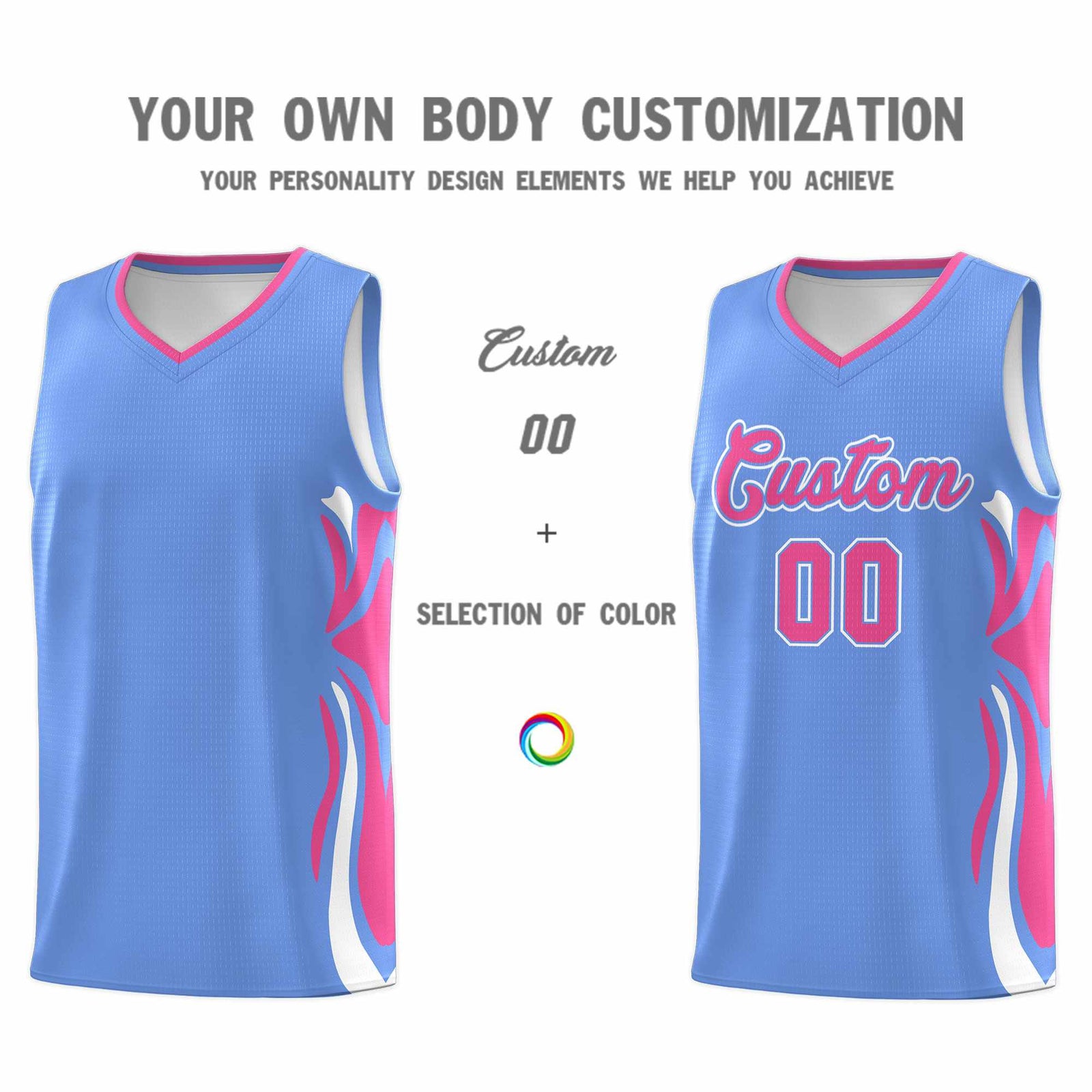 Custom Light Blue Pink-White Graffiti Pattern Side Curve Pattern Sports Uniform Basketball Jersey Sets