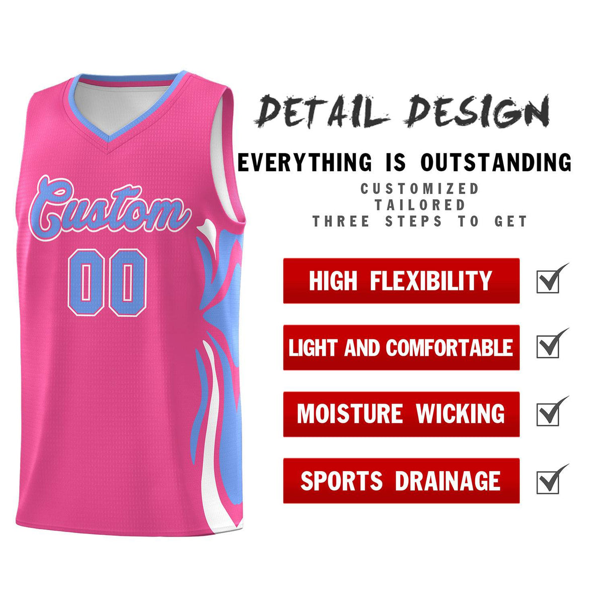 Custom Pink Light Blue-White Graffiti Pattern Side Curve Pattern Sports Uniform Basketball Jersey Sets