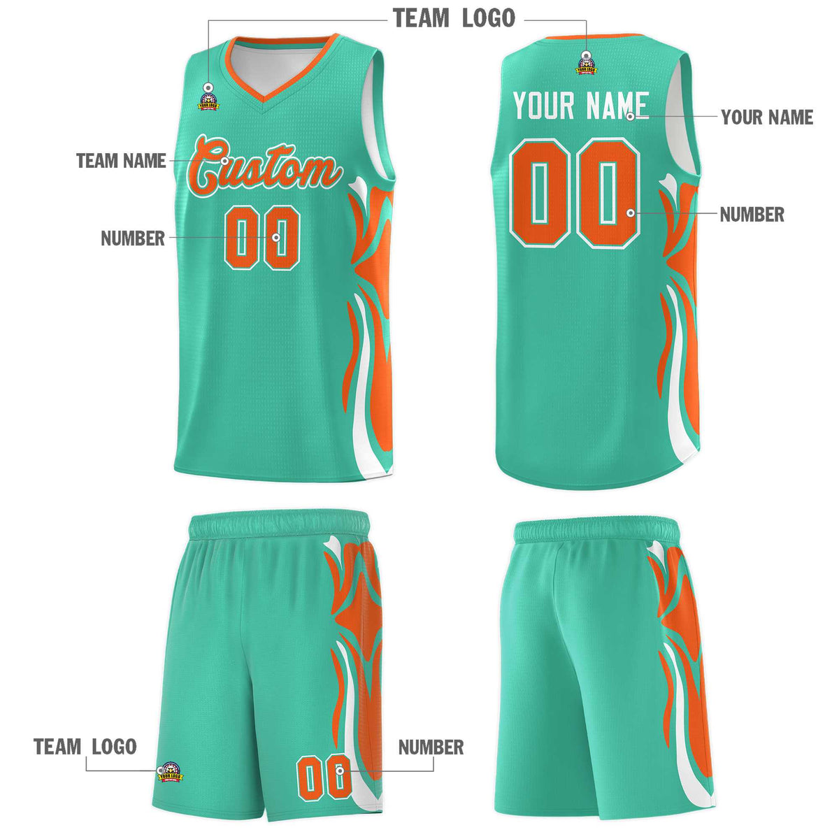 Custom Bright Green Orange-White Graffiti Pattern Side Curve Pattern Sports Uniform Basketball Jersey Sets
