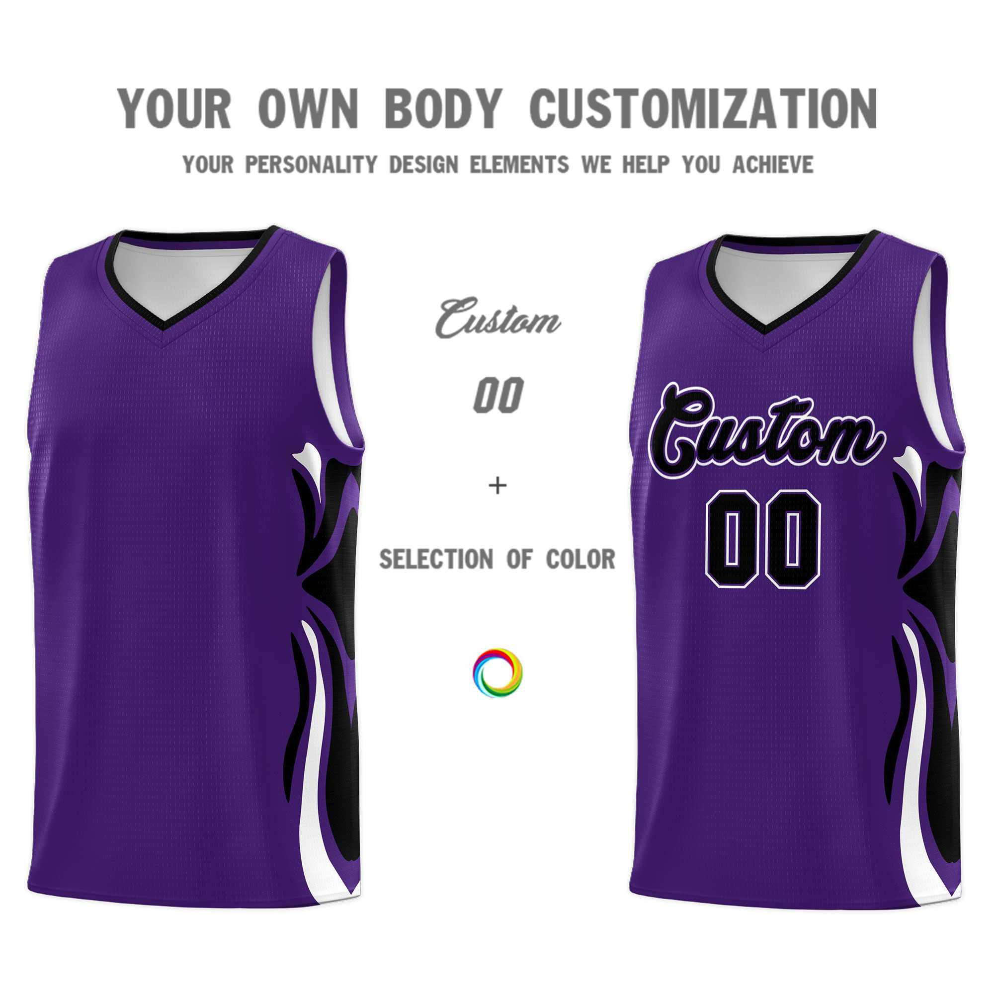 Custom Purple Black-White Graffiti Pattern Side Curve Pattern Sports Uniform Basketball Jersey Sets