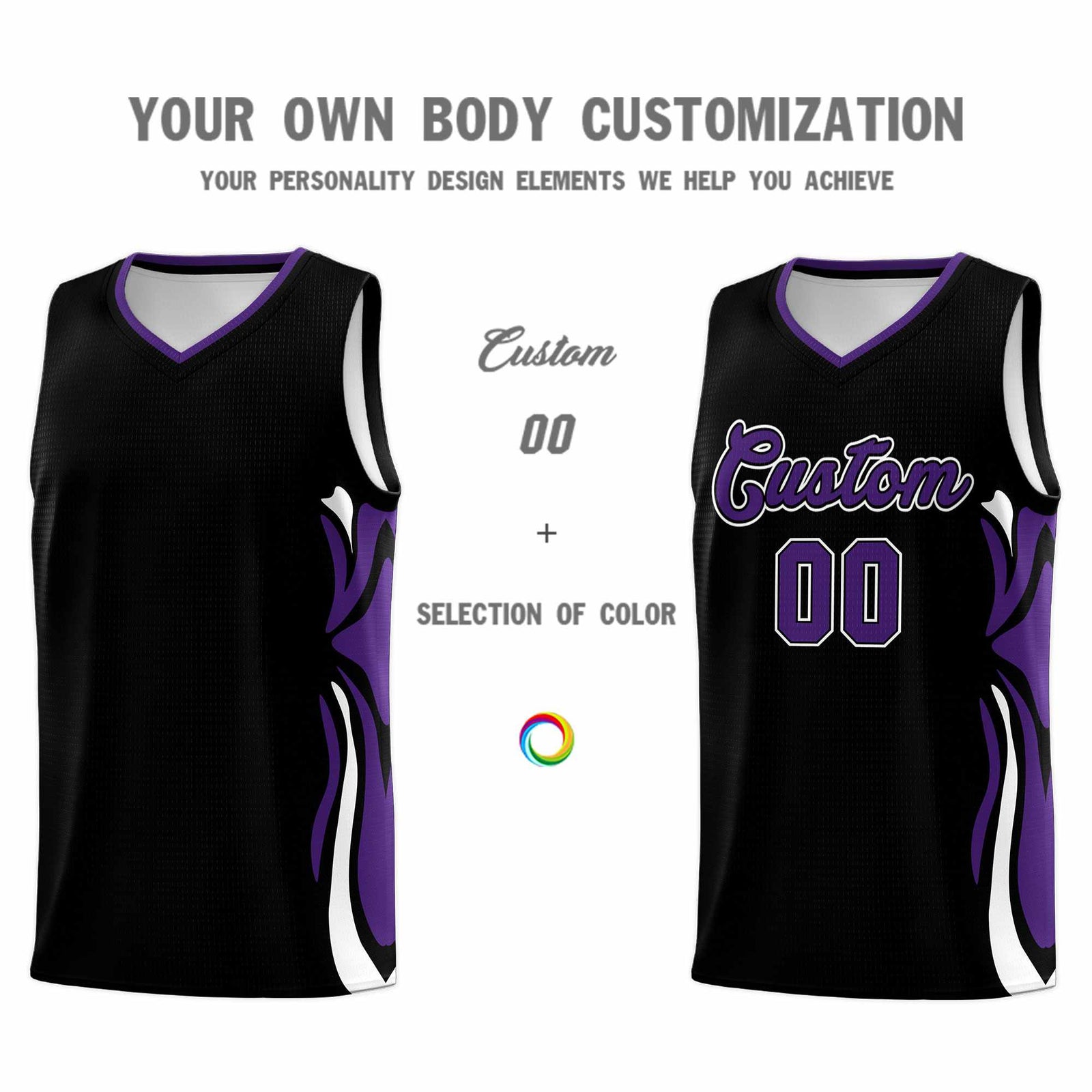 Custom Black Purple-White Graffiti Pattern Side Curve Pattern Sports Uniform Basketball Jersey Sets