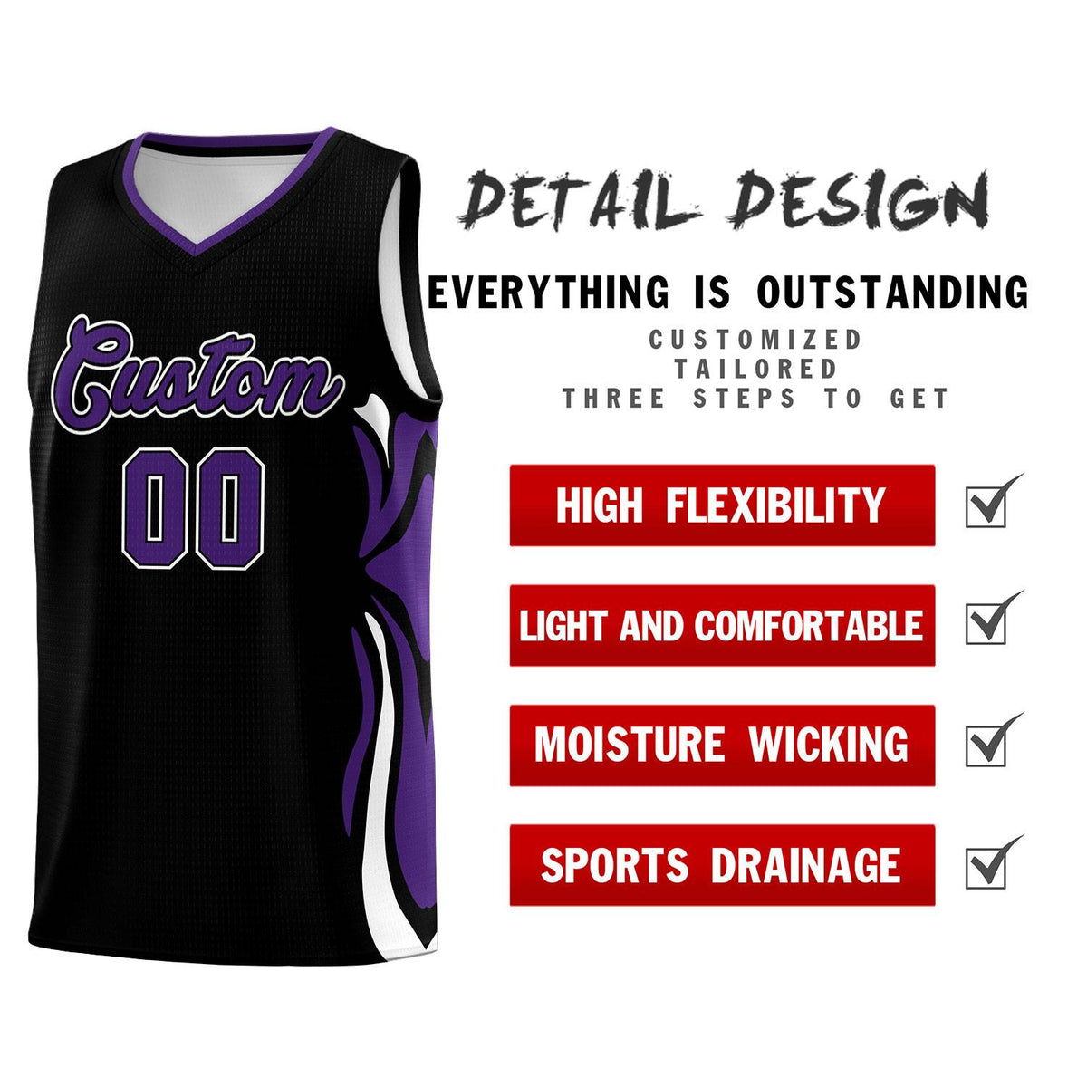 Custom Black Purple-White Graffiti Pattern Side Curve Pattern Sports Uniform Basketball Jersey Sets