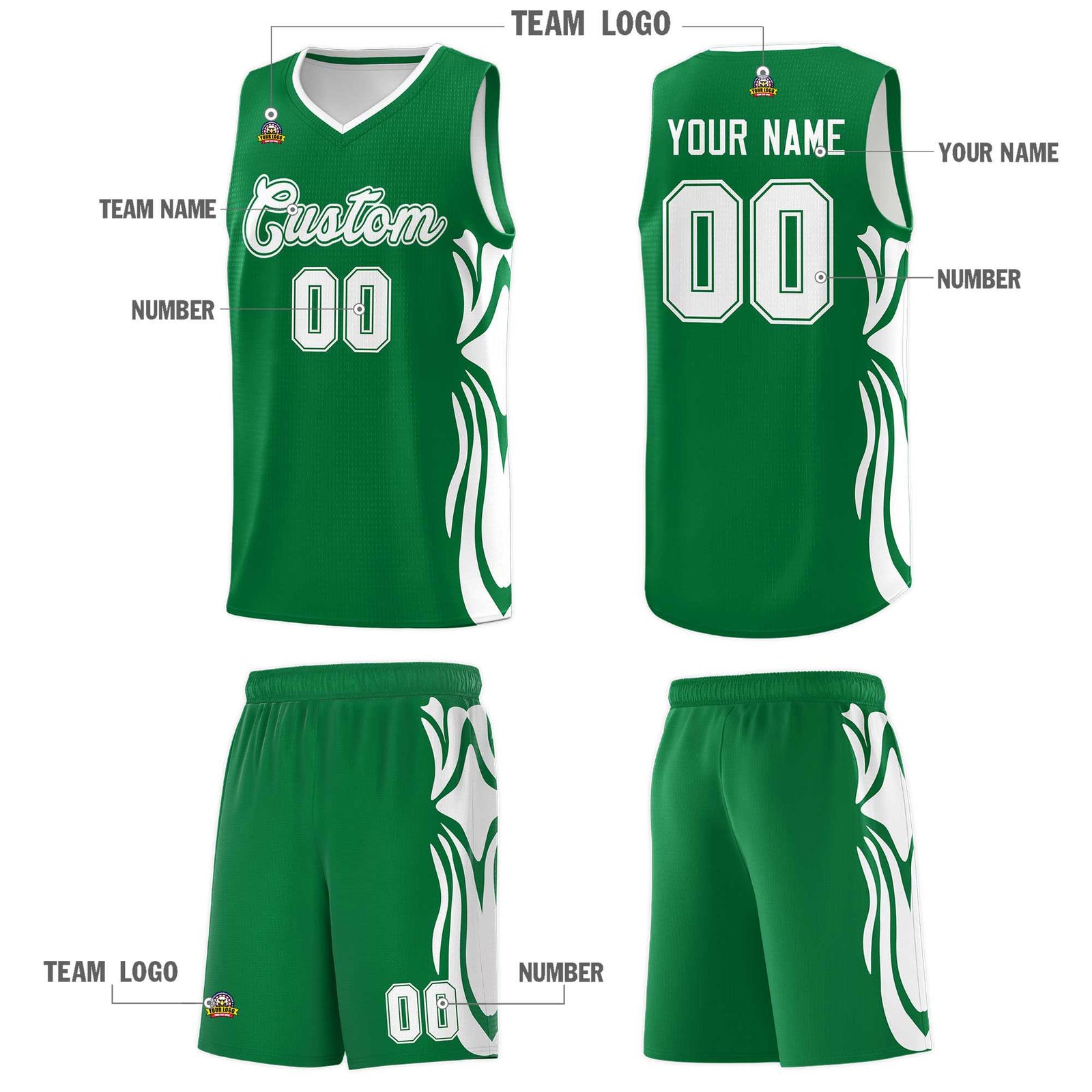 Custom Kelly Green White-White Graffiti Pattern Side Curve Pattern Sports Uniform Basketball Jersey Sets