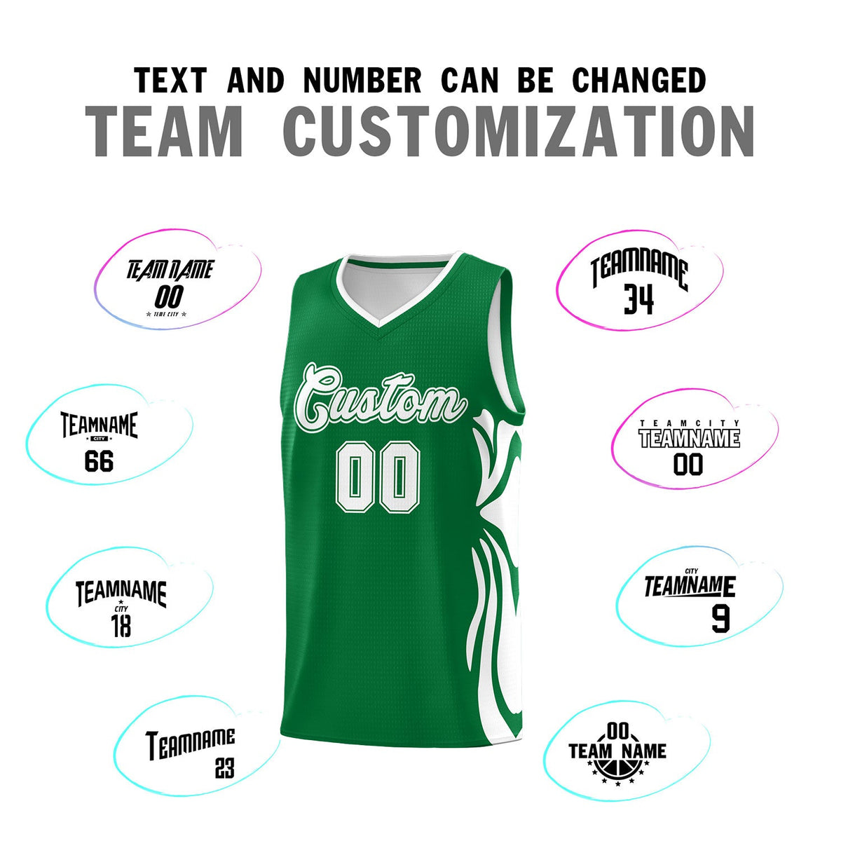 Custom Kelly Green White-White Graffiti Pattern Side Curve Pattern Sports Uniform Basketball Jersey Sets