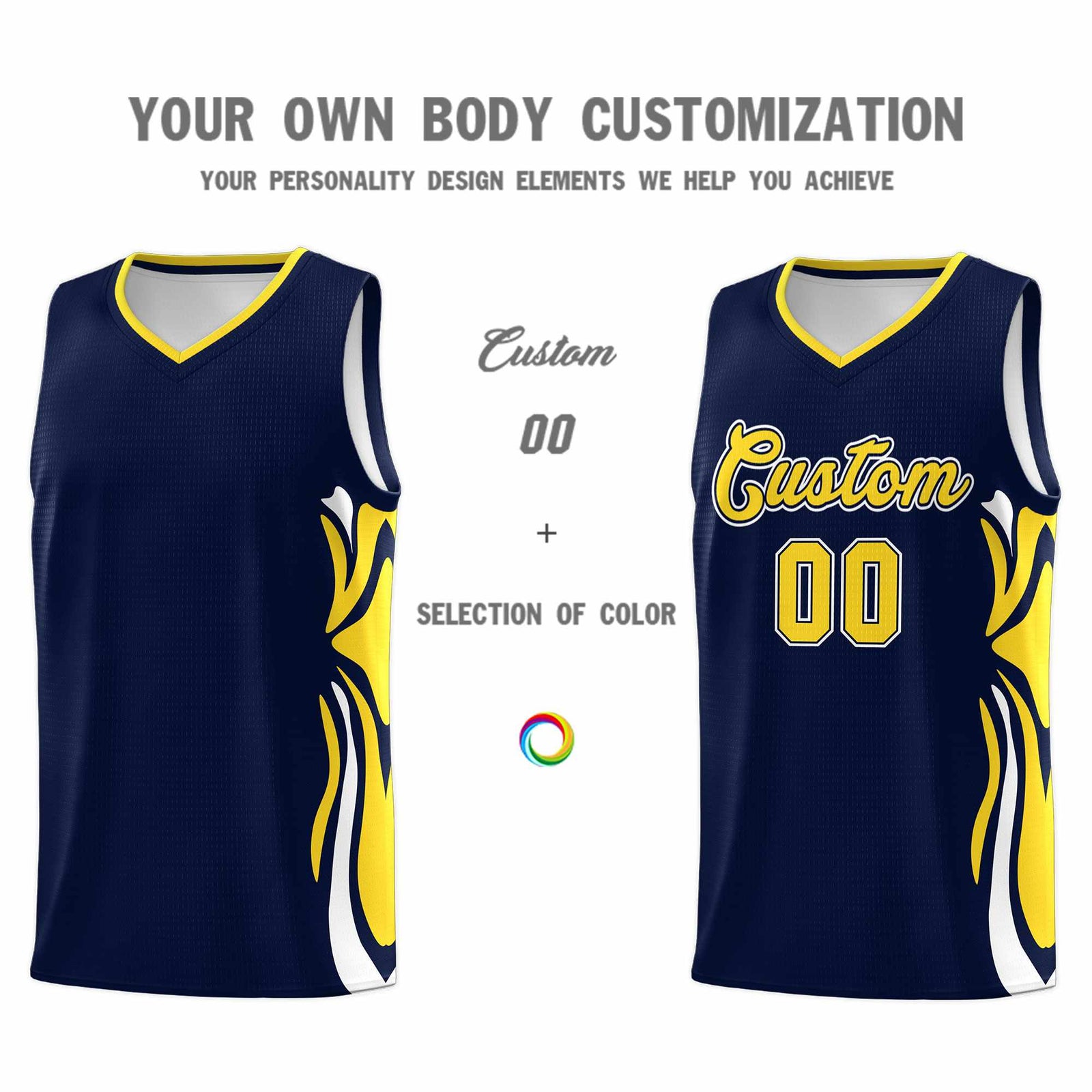 Custom Navy Gold-White Graffiti Pattern Side Curve Pattern Sports Uniform Basketball Jersey Sets