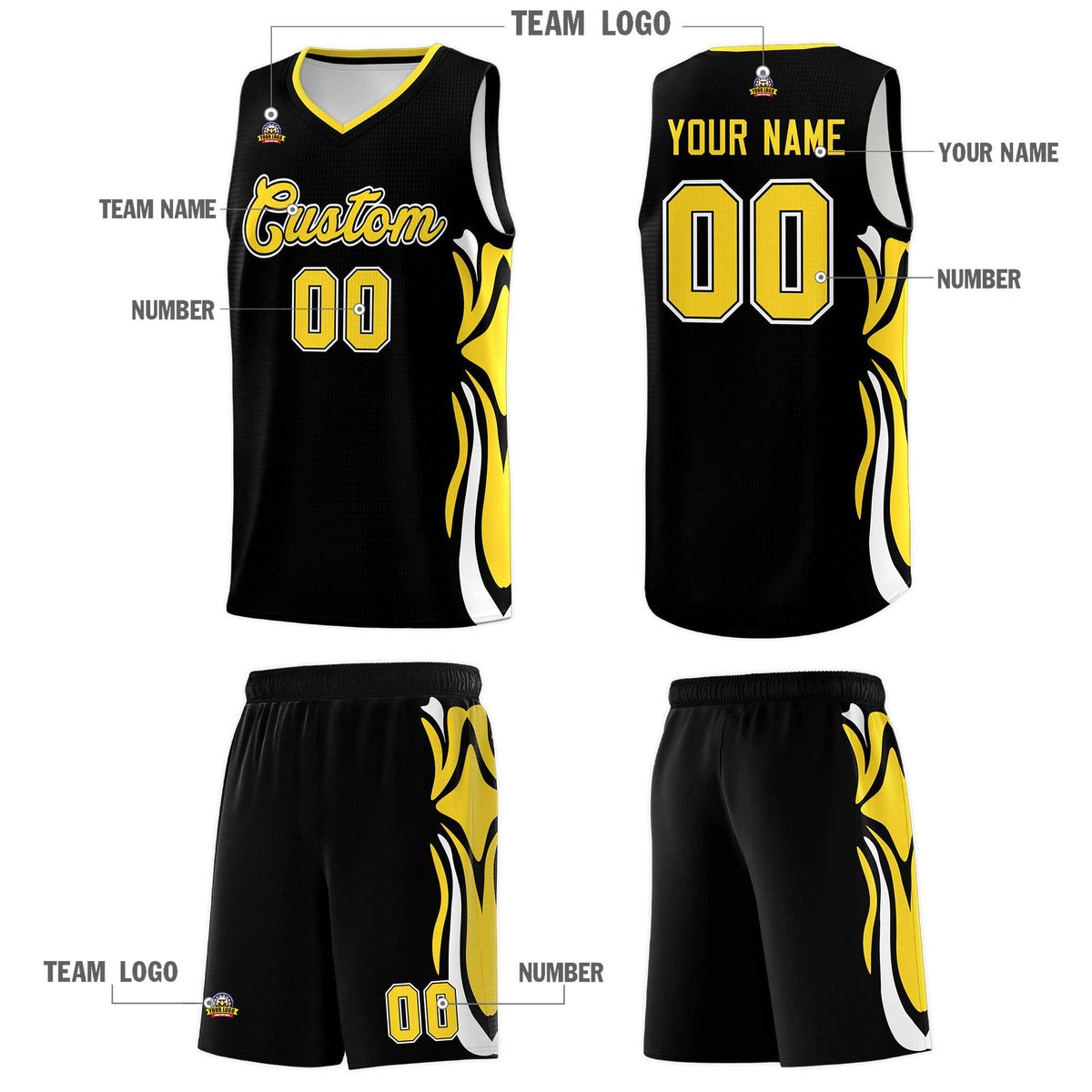 Custom Black Gold-White Graffiti Pattern Side Curve Pattern Sports Uniform Basketball Jersey Sets
