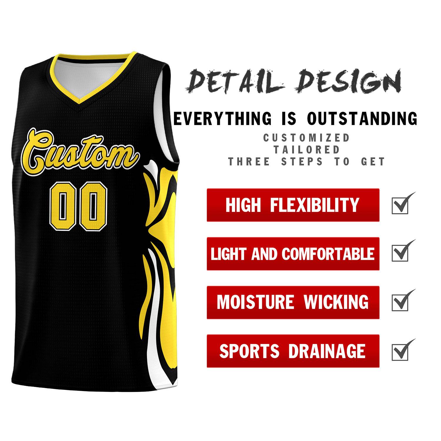 Custom Black Gold-White Graffiti Pattern Side Curve Pattern Sports Uniform Basketball Jersey Sets