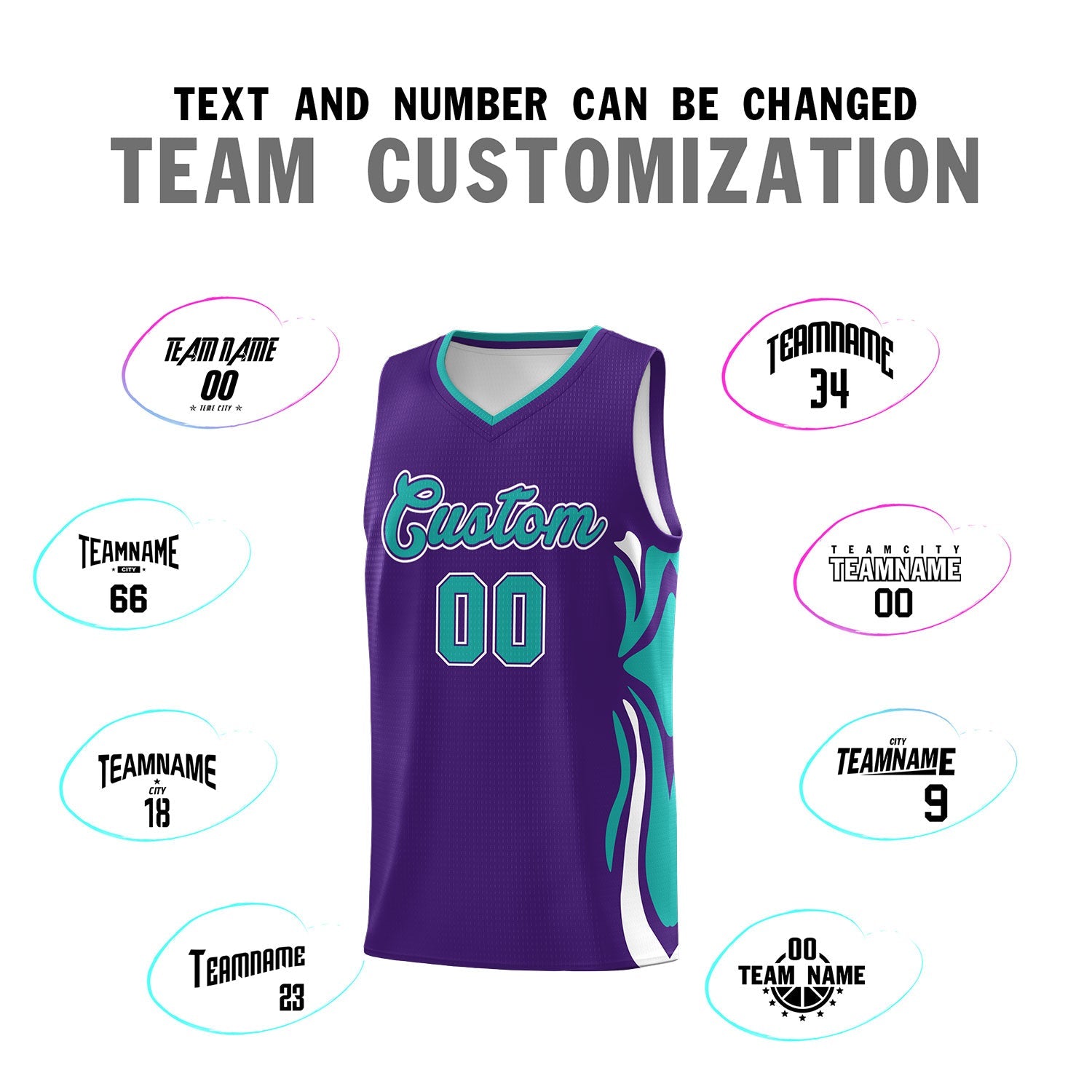 Custom Purple Aqua-White Graffiti Pattern Side Curve Pattern Sports Uniform Basketball Jersey Sets