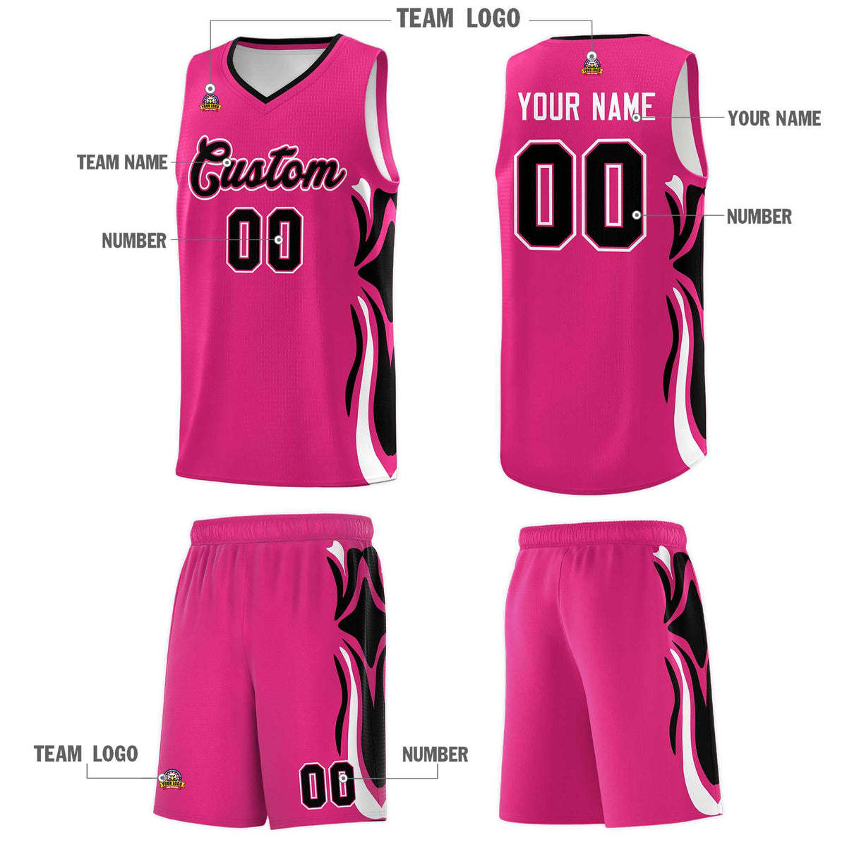 Custom Pink Black-White Graffiti Pattern Side Curve Pattern Sports Uniform Basketball Jersey Sets
