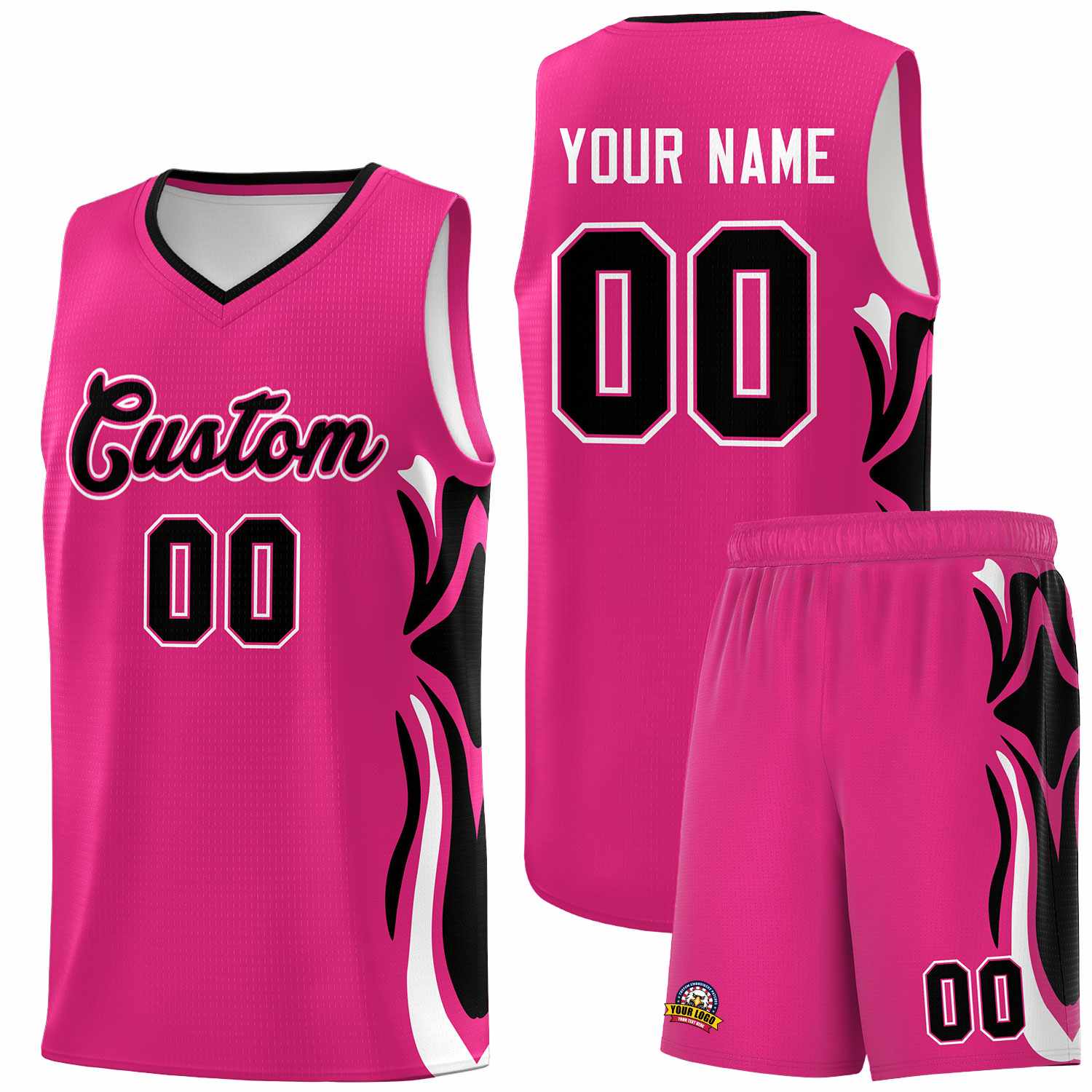 Custom Pink Black-White Graffiti Pattern Side Curve Pattern Sports Uniform Basketball Jersey Sets