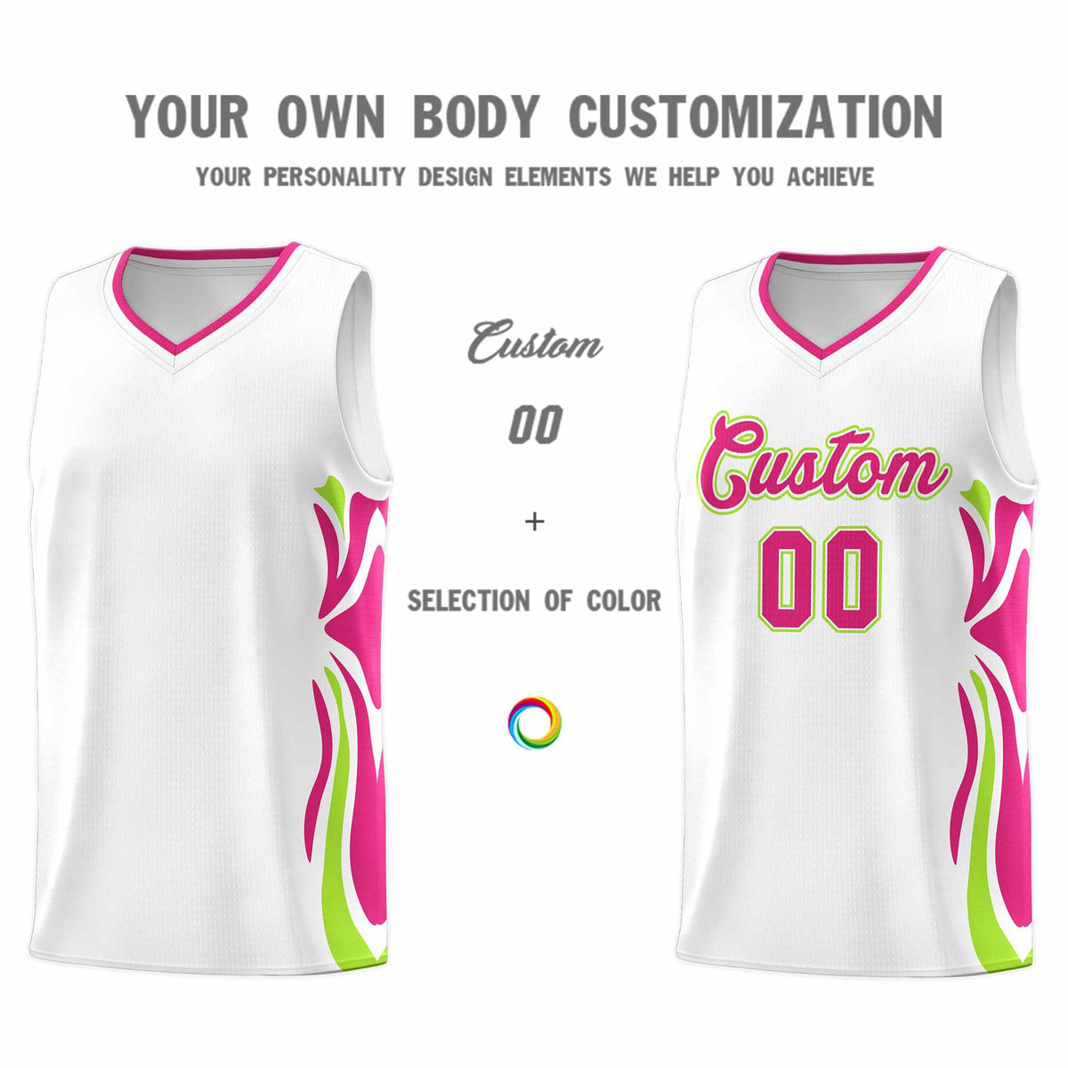 Custom White Pink-Light Green Graffiti Pattern Side Curve Pattern Sports Uniform Basketball Jersey Sets