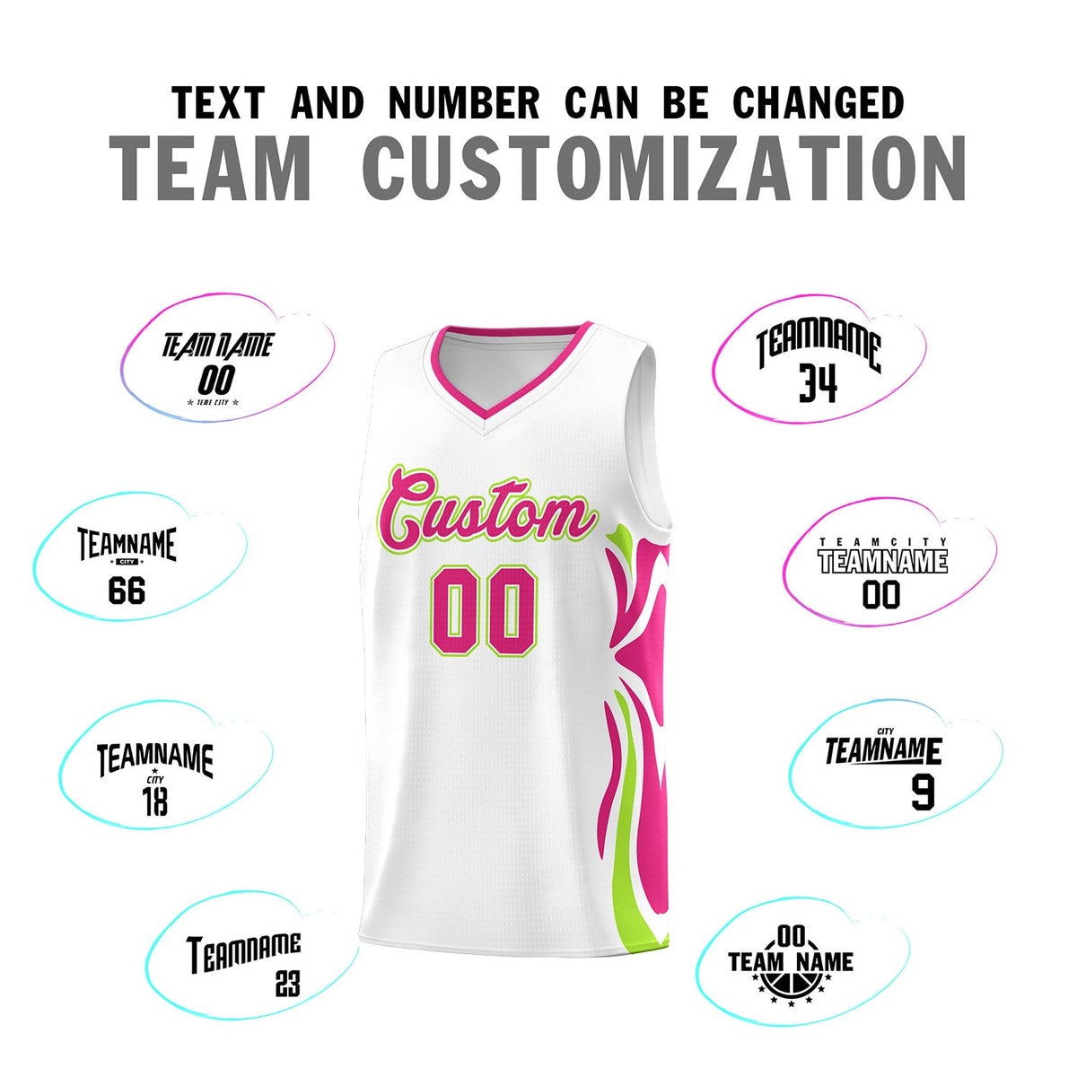 Custom White Pink-Light Green Graffiti Pattern Side Curve Pattern Sports Uniform Basketball Jersey Sets