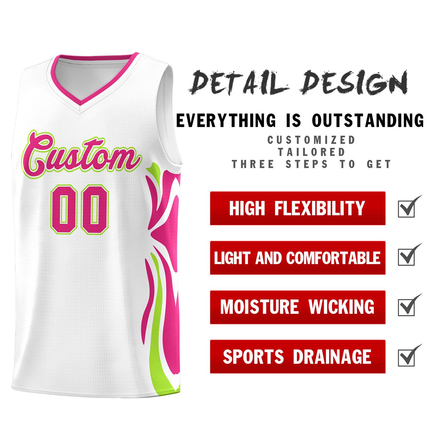 Custom White Pink-Light Green Graffiti Pattern Side Curve Pattern Sports Uniform Basketball Jersey Sets