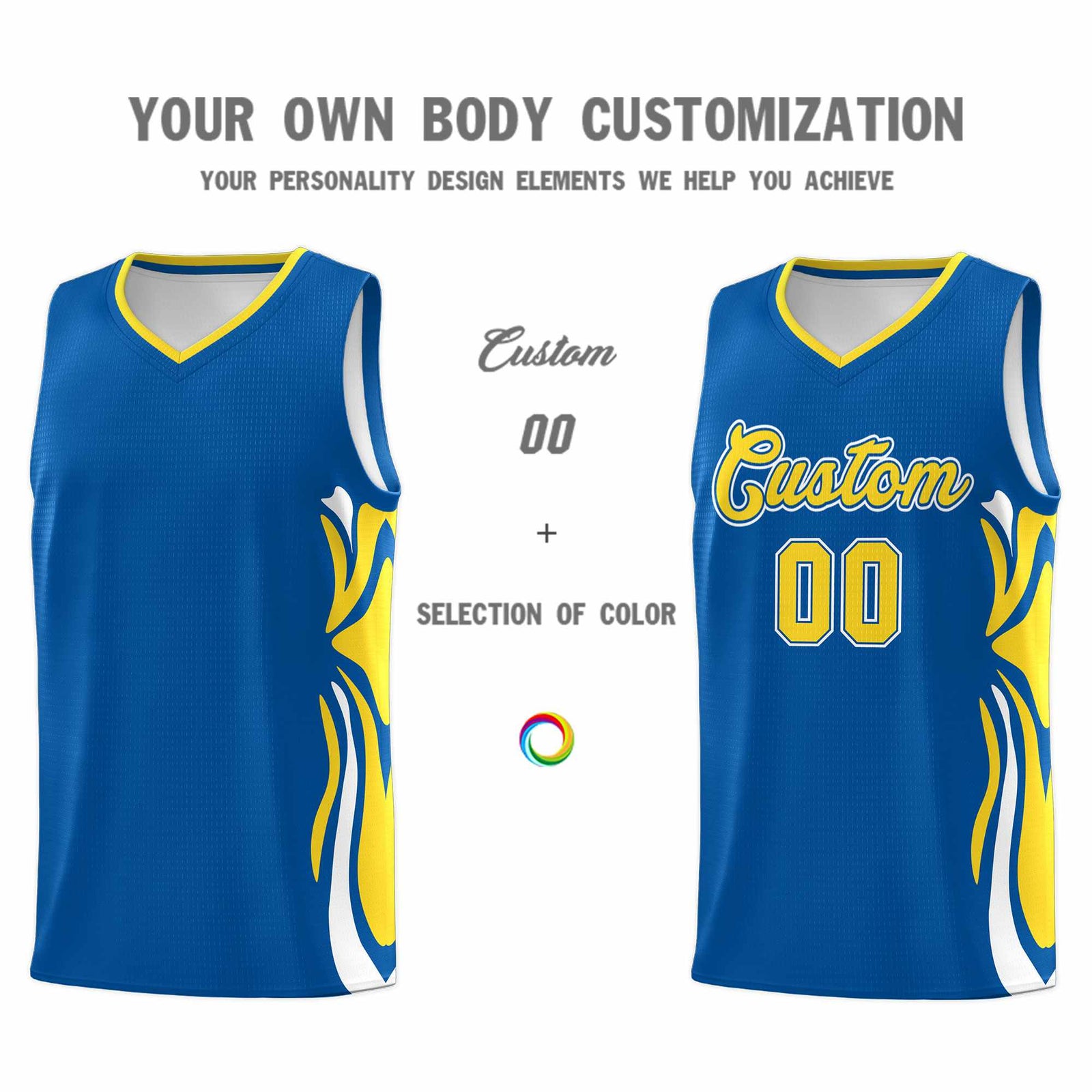 Custom Royal Gold-White Graffiti Pattern Side Curve Pattern Sports Uniform Basketball Jersey Sets